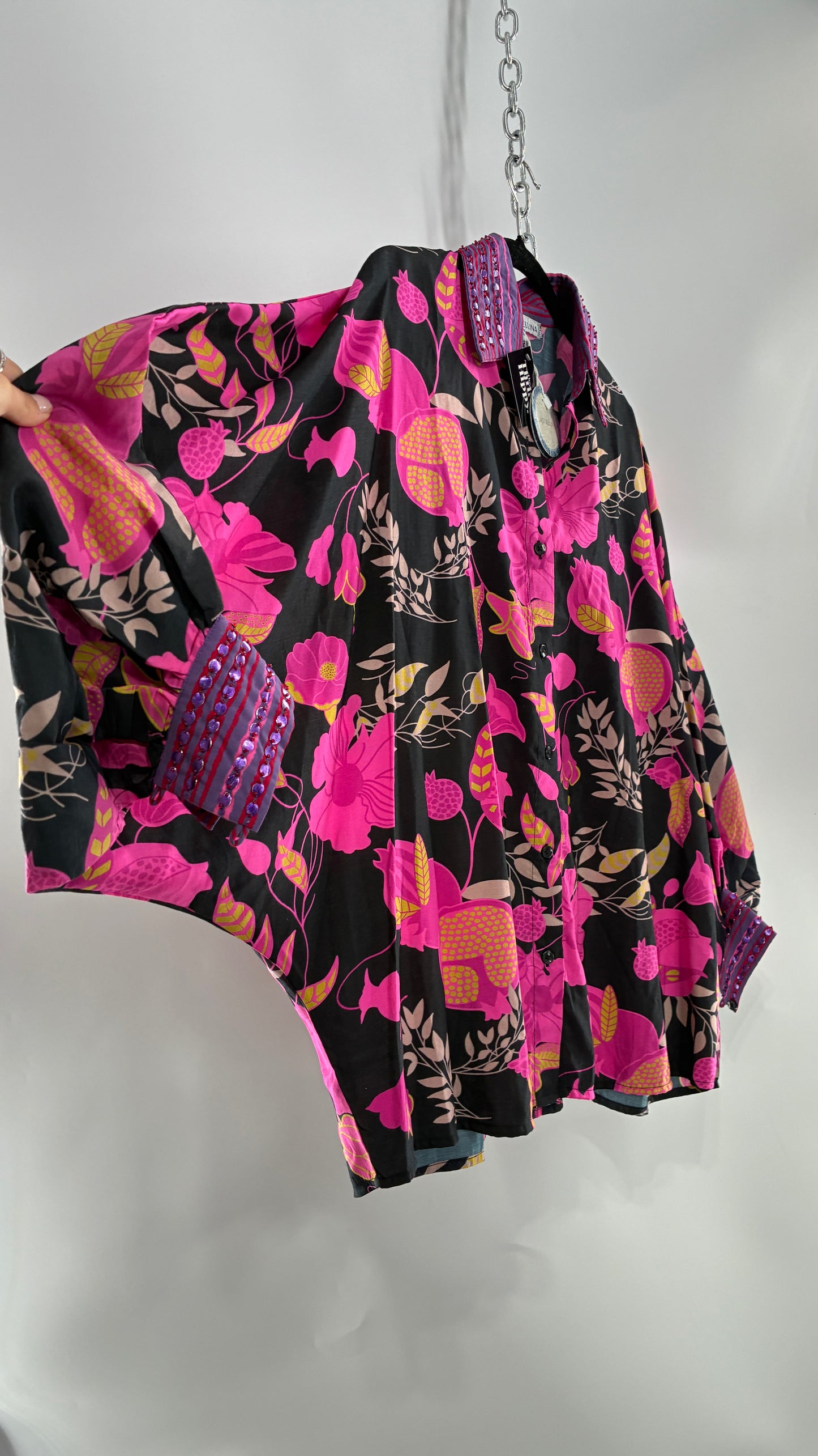 JUST BELLINA Black Oversized Blouse with Exaggerated Sleeves, Embroidered Collar and Tags Attached (XS)