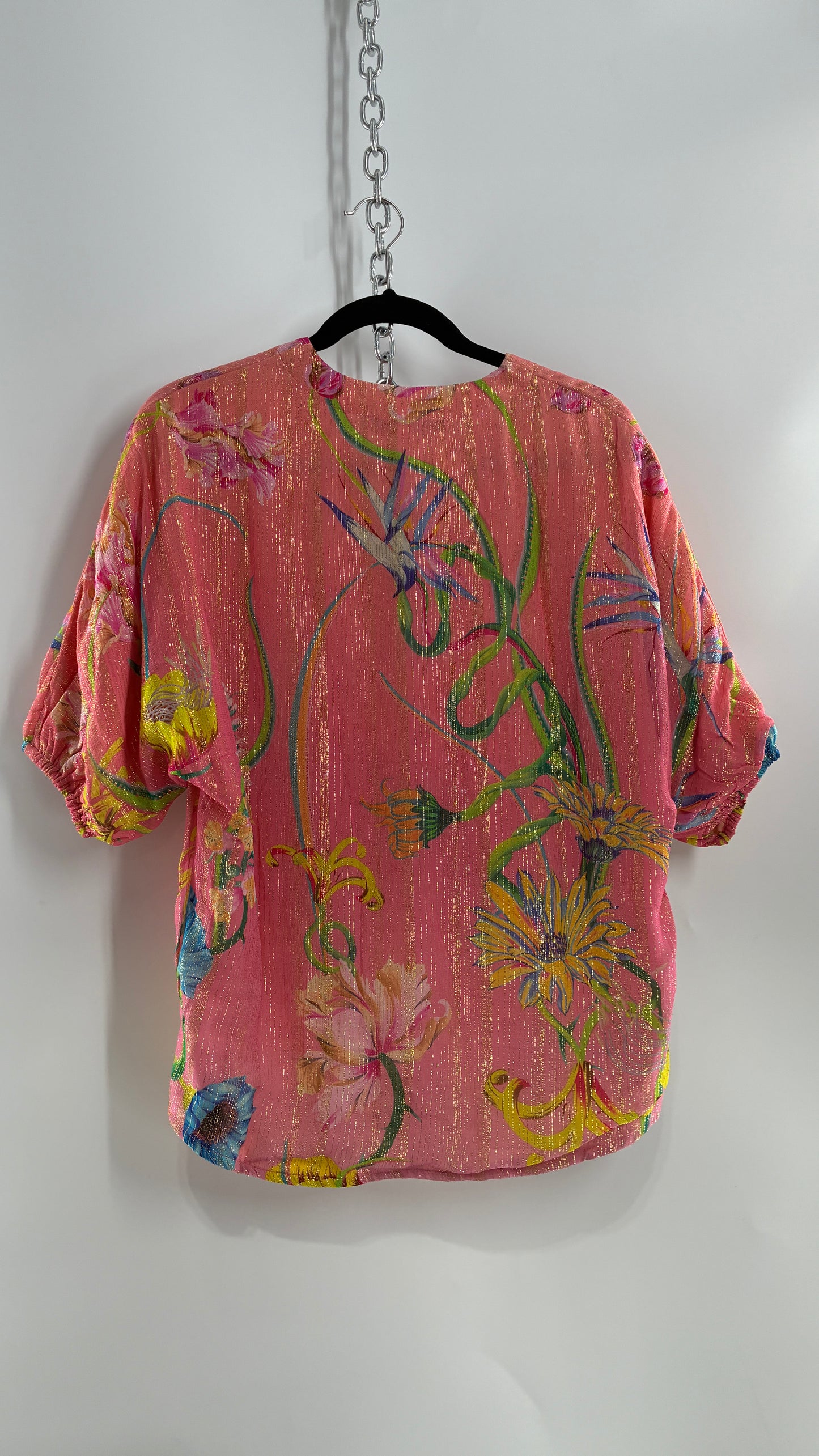 JUST BELLINA Pink Tropical Patterned Puff Sleeve Blouse with Gold Threading and Tags Attached (Small)