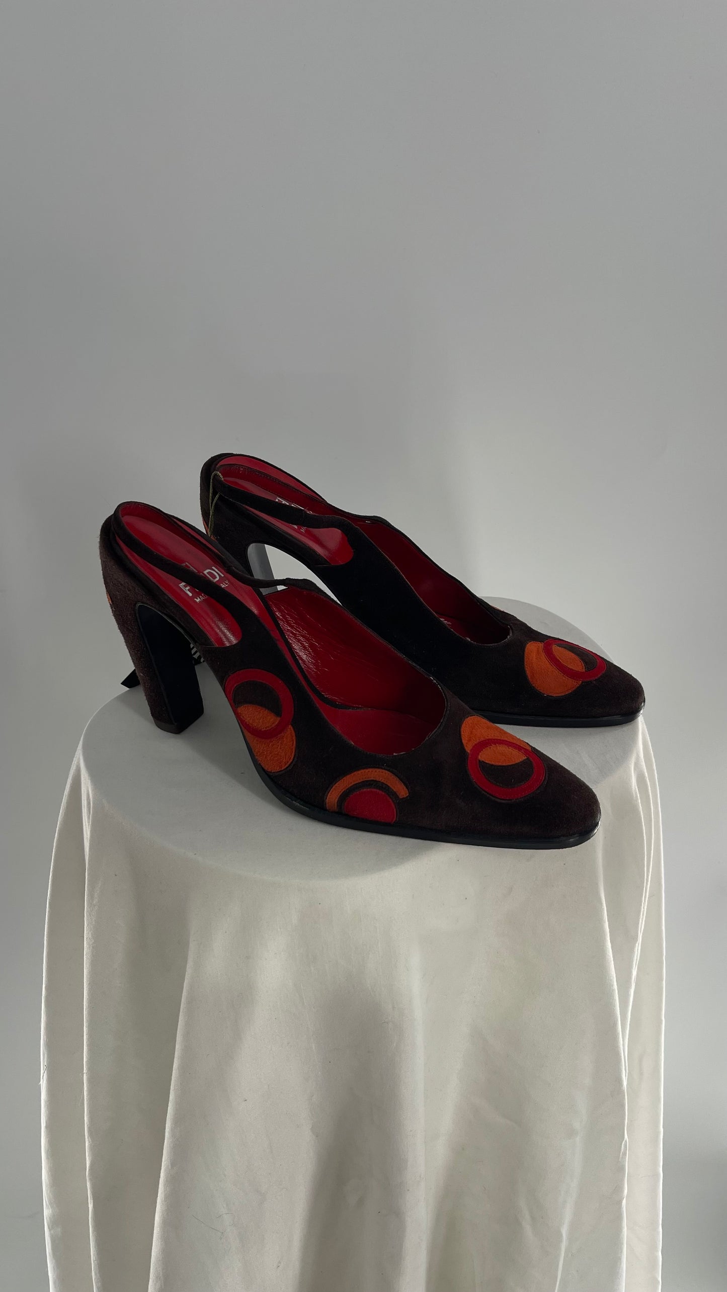 Vintage 1980s FENDI Brown Suede Leather Heel with Abstract Orange/Red Circles and Curved Heel (8)