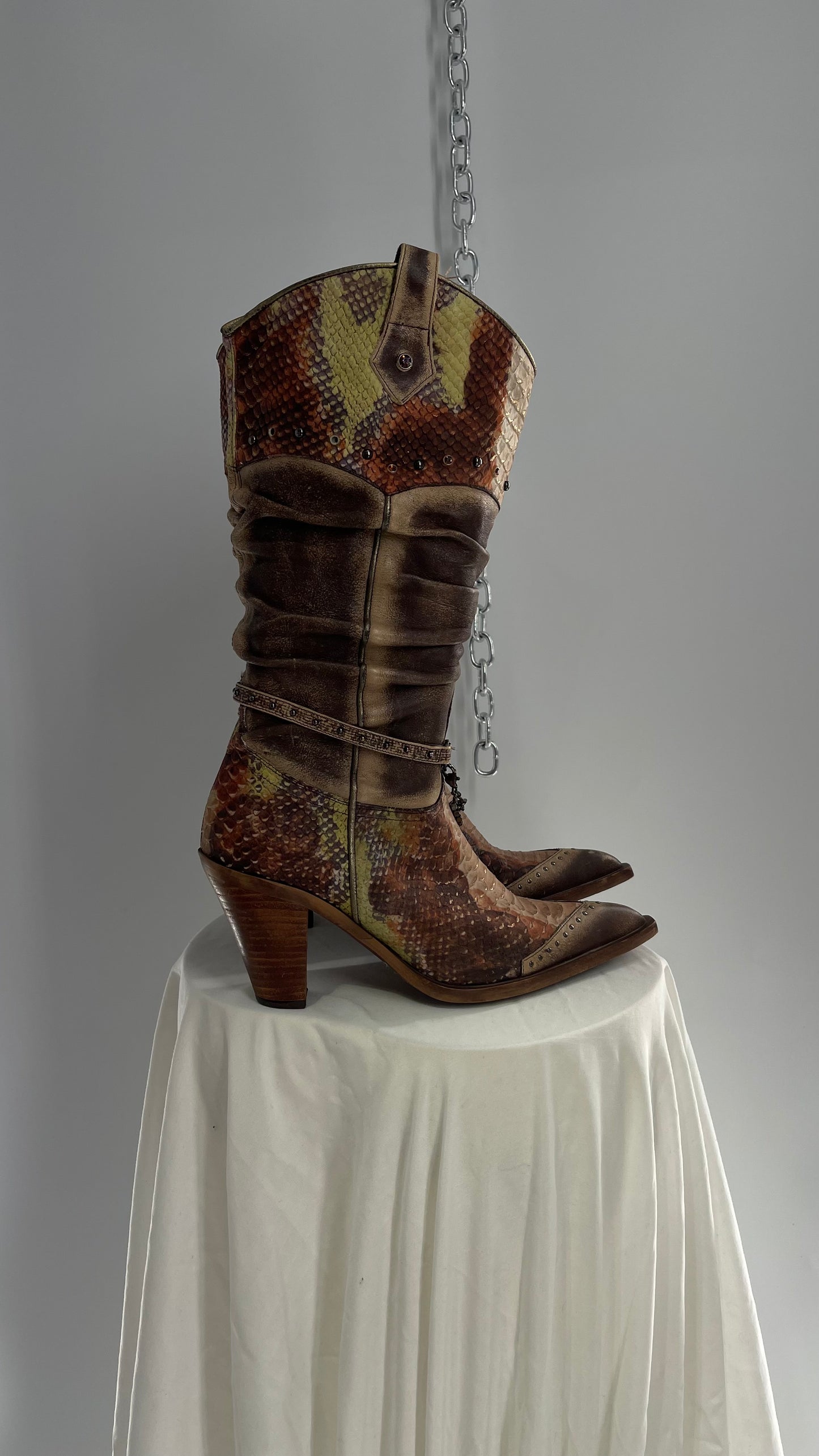 Vintage Steve Madden Stacked/Ruched Pointed Toe Cowboys with Snake Texture, Brown/Green/Orange with Chains and Studs (8)