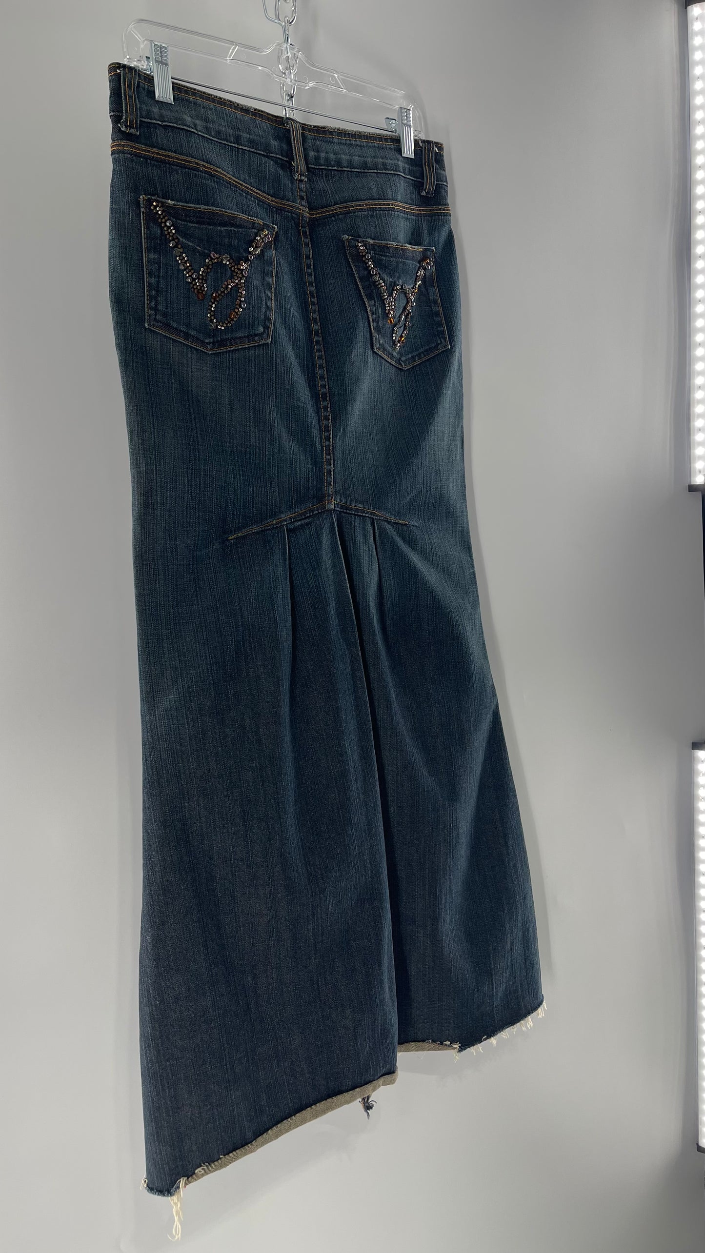 Vintage Stonewash Bebe Denim Long Skirt with Raw Edge Hem and Beaded Back Pocket Detail (27)
