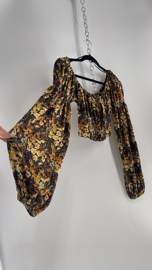 Urban Outfitters Black Yellow Fall Florals Balloon Sleeve Milkmaid Bust Top (Medium)