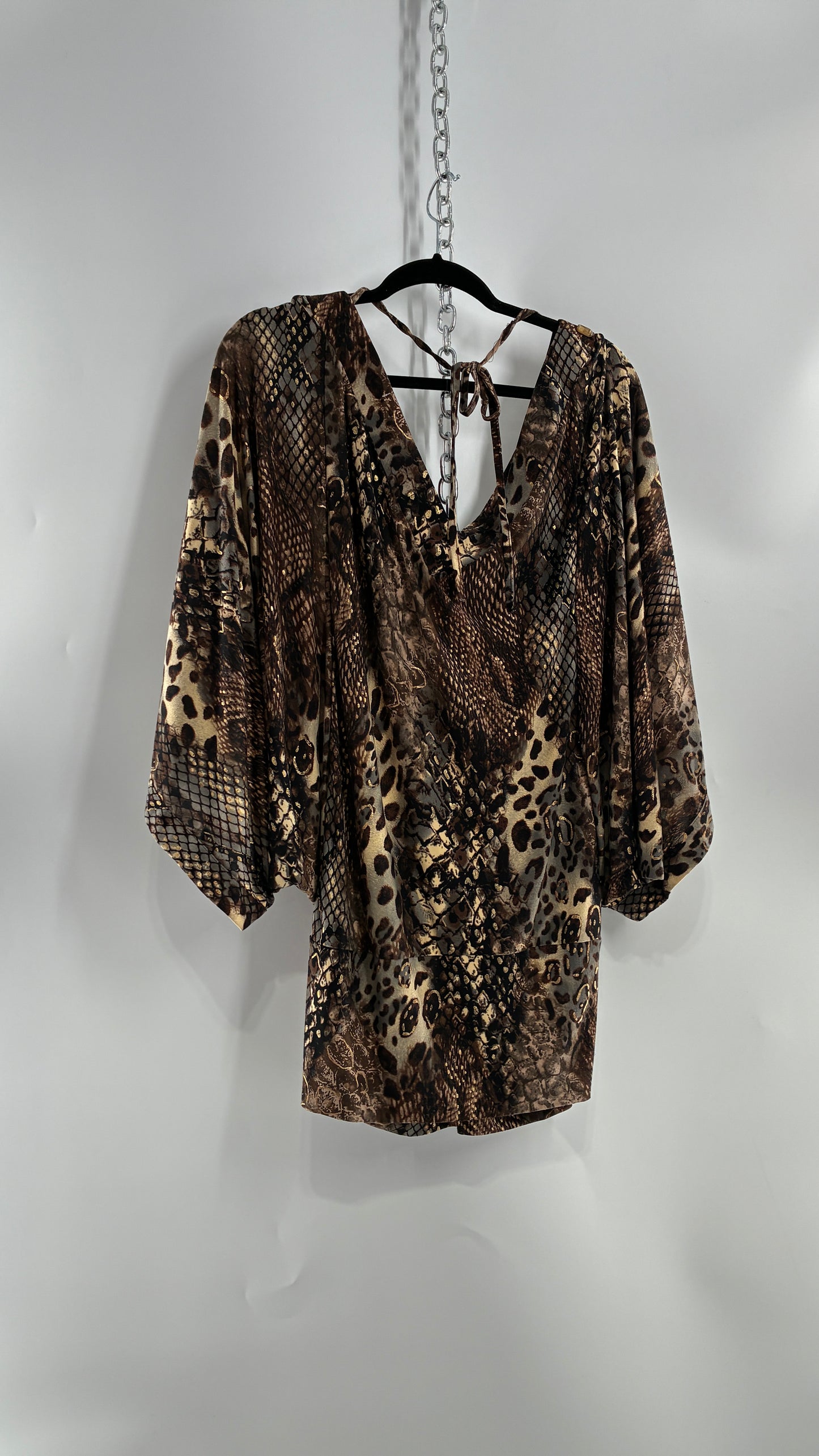 Vintage ZIZZI Metallic Animal Print Mini Dress with Draping Sleeves and Rhinestone Neckline  (Large)