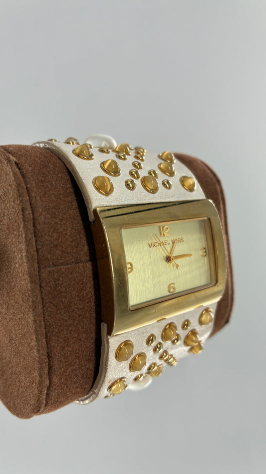 Deadstock Vintage Michael Kors White Leather Studded Cuff Watch
