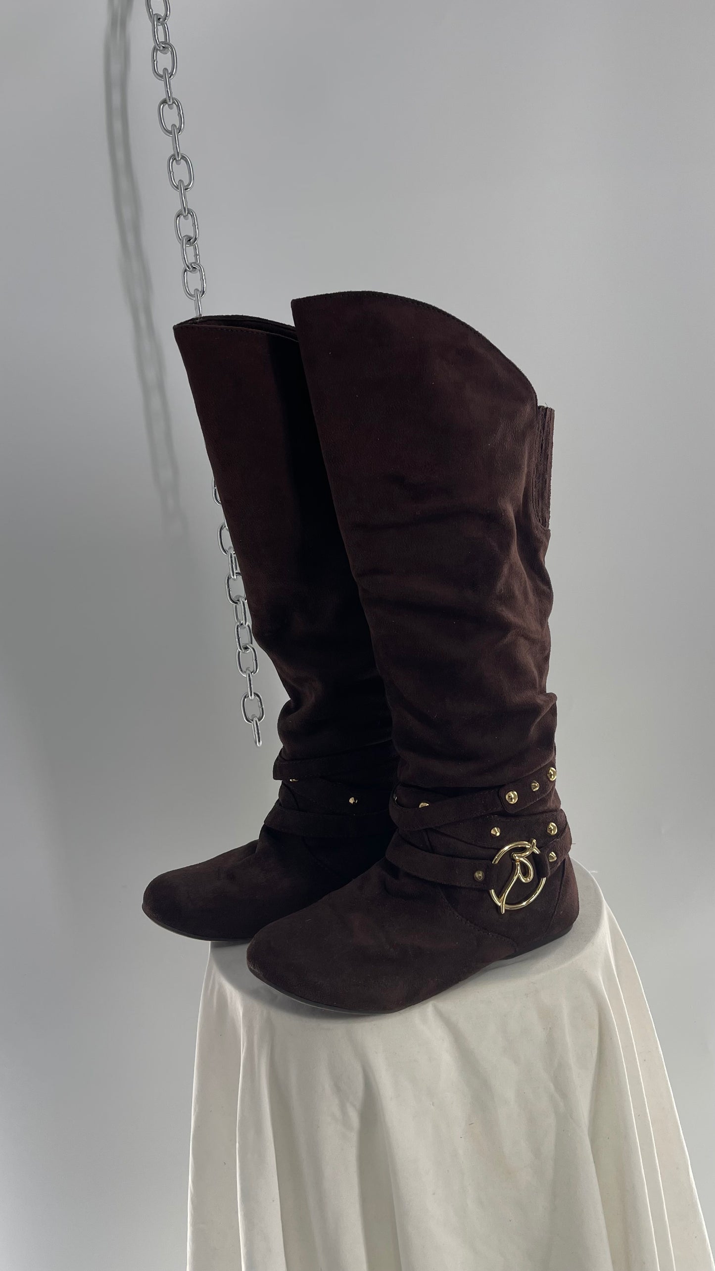 Vintage ROCAWEAR 2000s Brown Strappy, Studded, Slouchy Boots with Gold Logo Hardware (7)