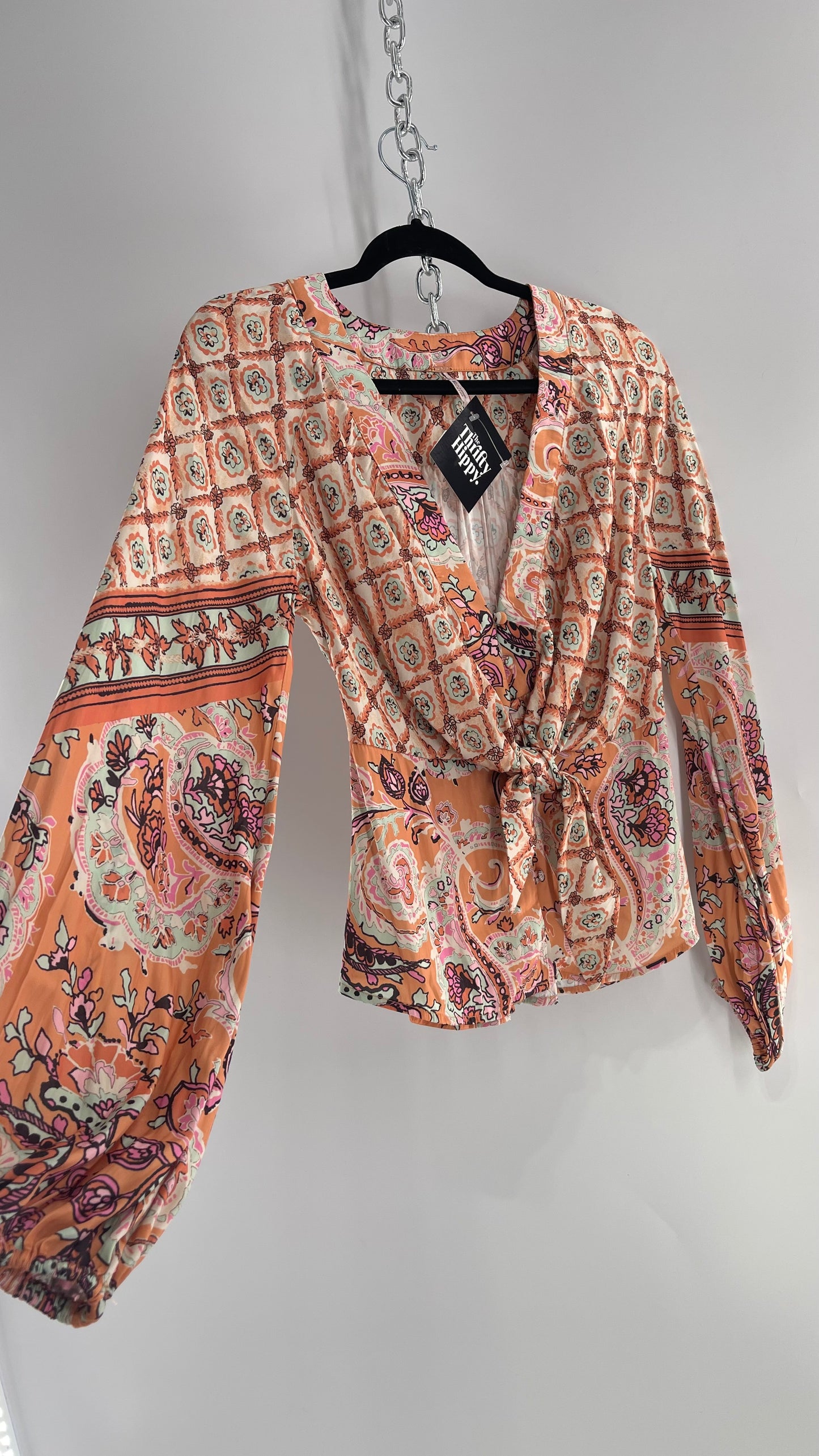 Free People Orange Pastels Paisley Blouse with Bust Tie and Balloon Sleeves (XS)