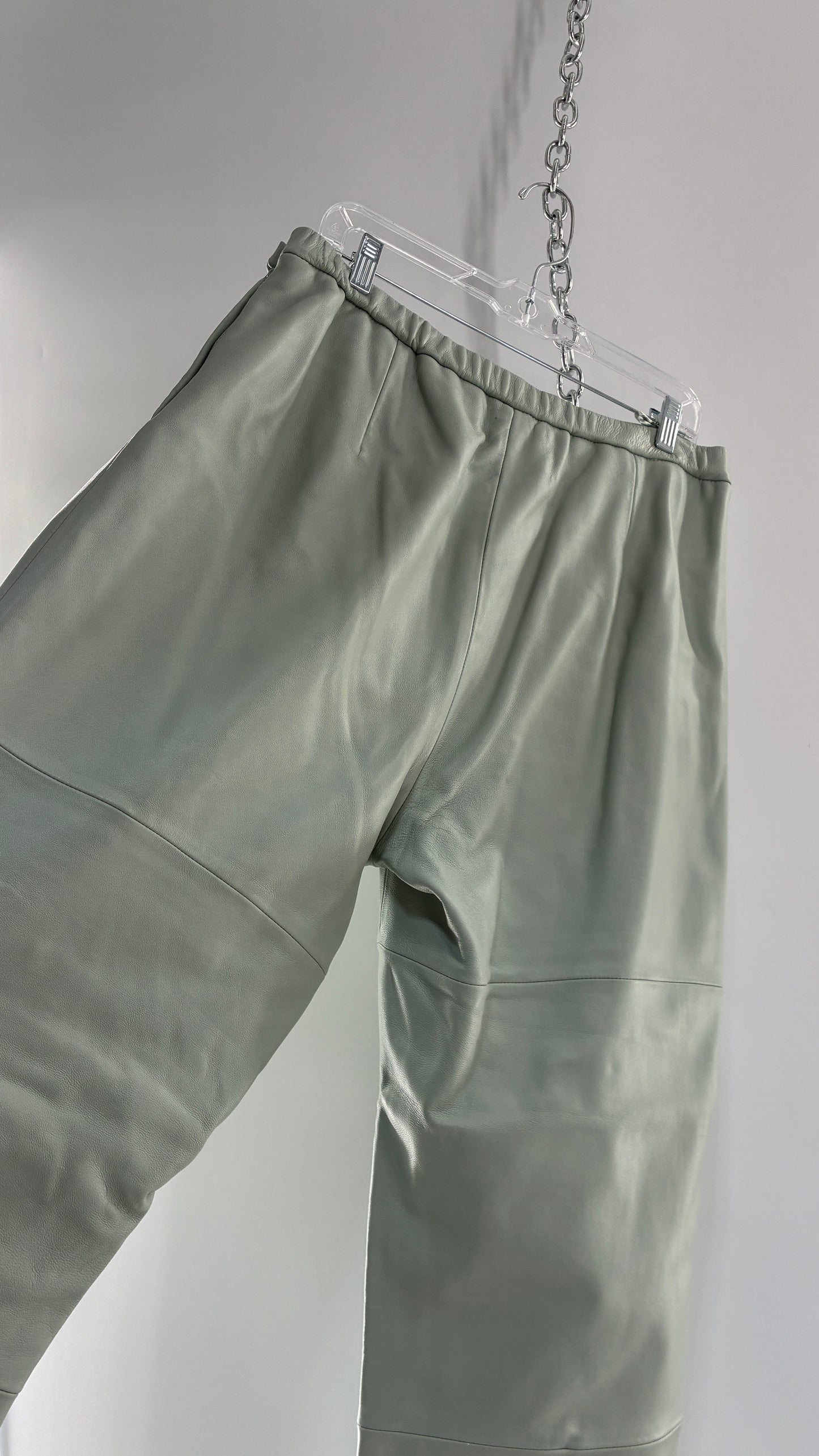 Vintage TERRY LEWIS Classic Luxuries Muted Seafoam, Genuine Leather Trousers with Silky Soft, Satin Lining (16P)