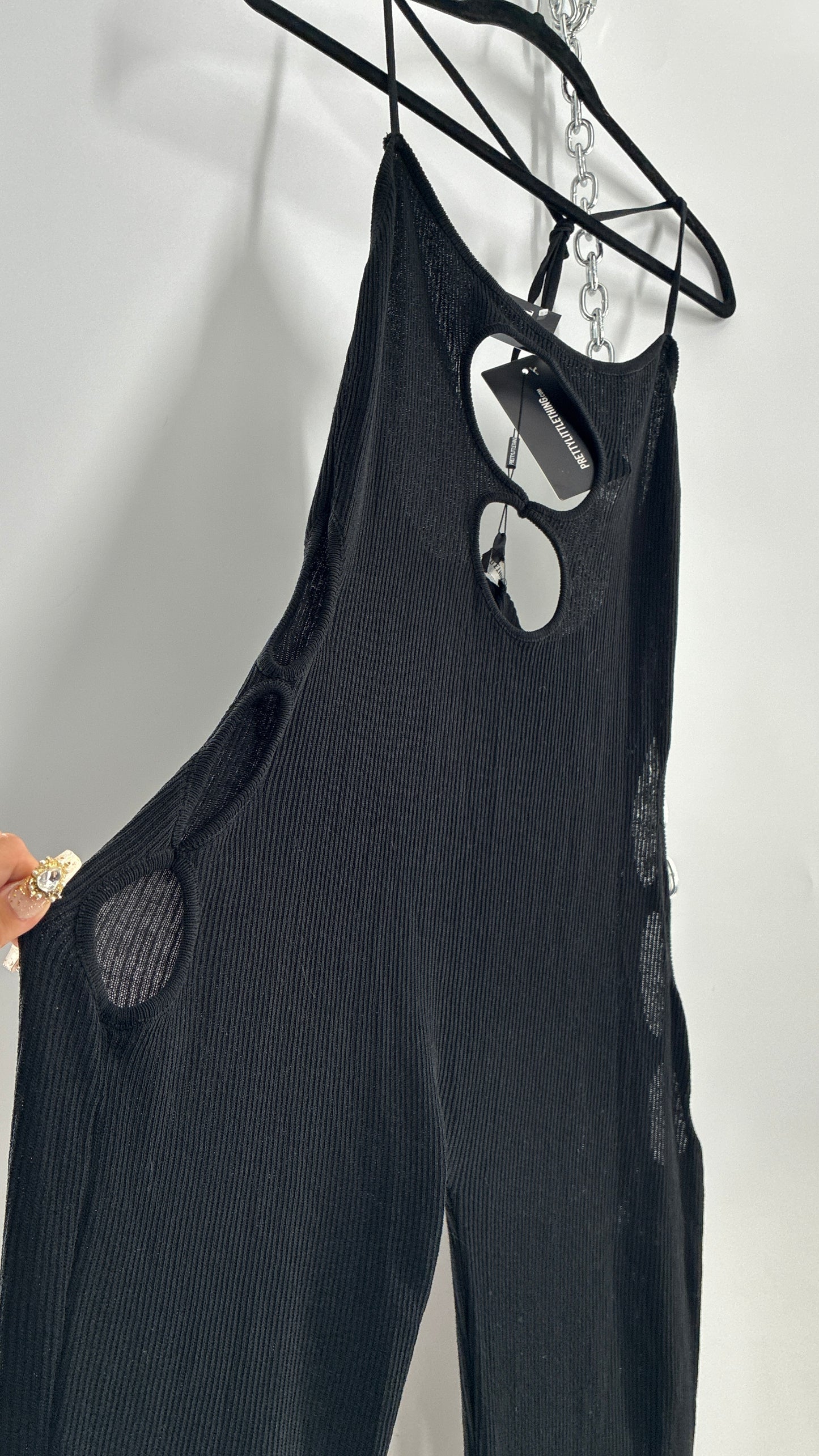 Pretty Little Thing Black Sheer Knit Cut Out Halter Neck Jumpsuit with Tags (Large)