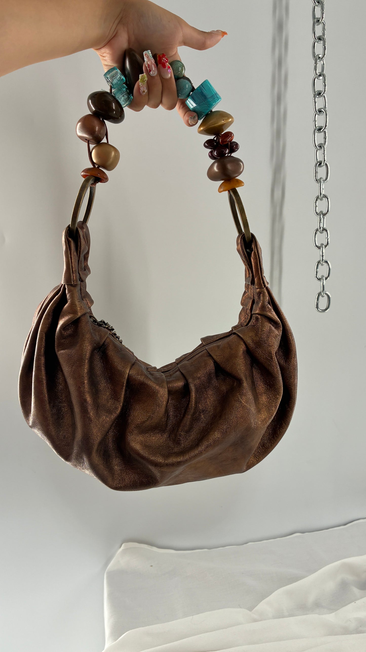 Vintage KARKABA  Metallic Bronze Leather Bag with Exaggerated Beaded Handles