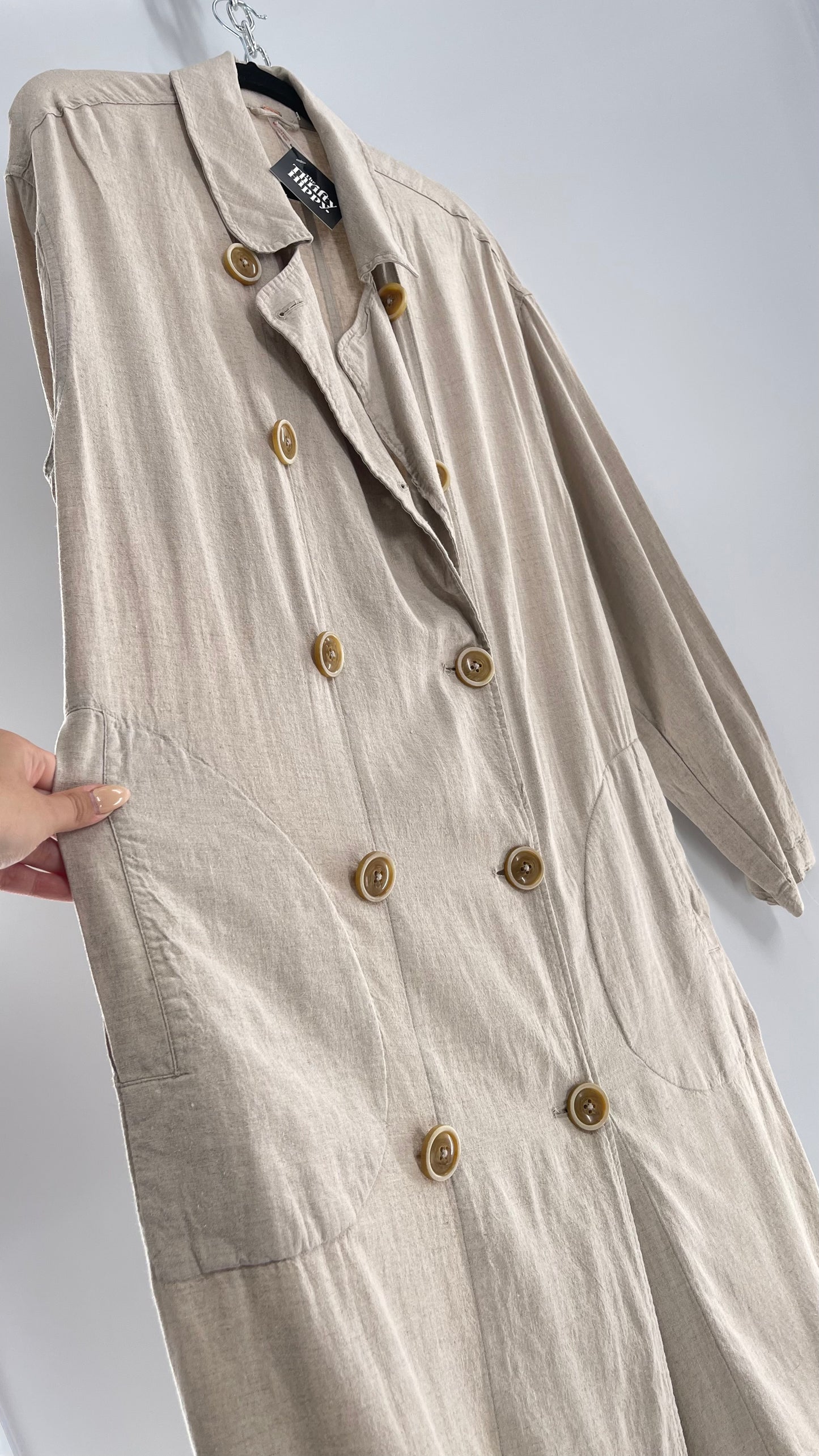 Free People Double Breasted Beige Linen Trench Coat with Brown Buttons and Tags Attached