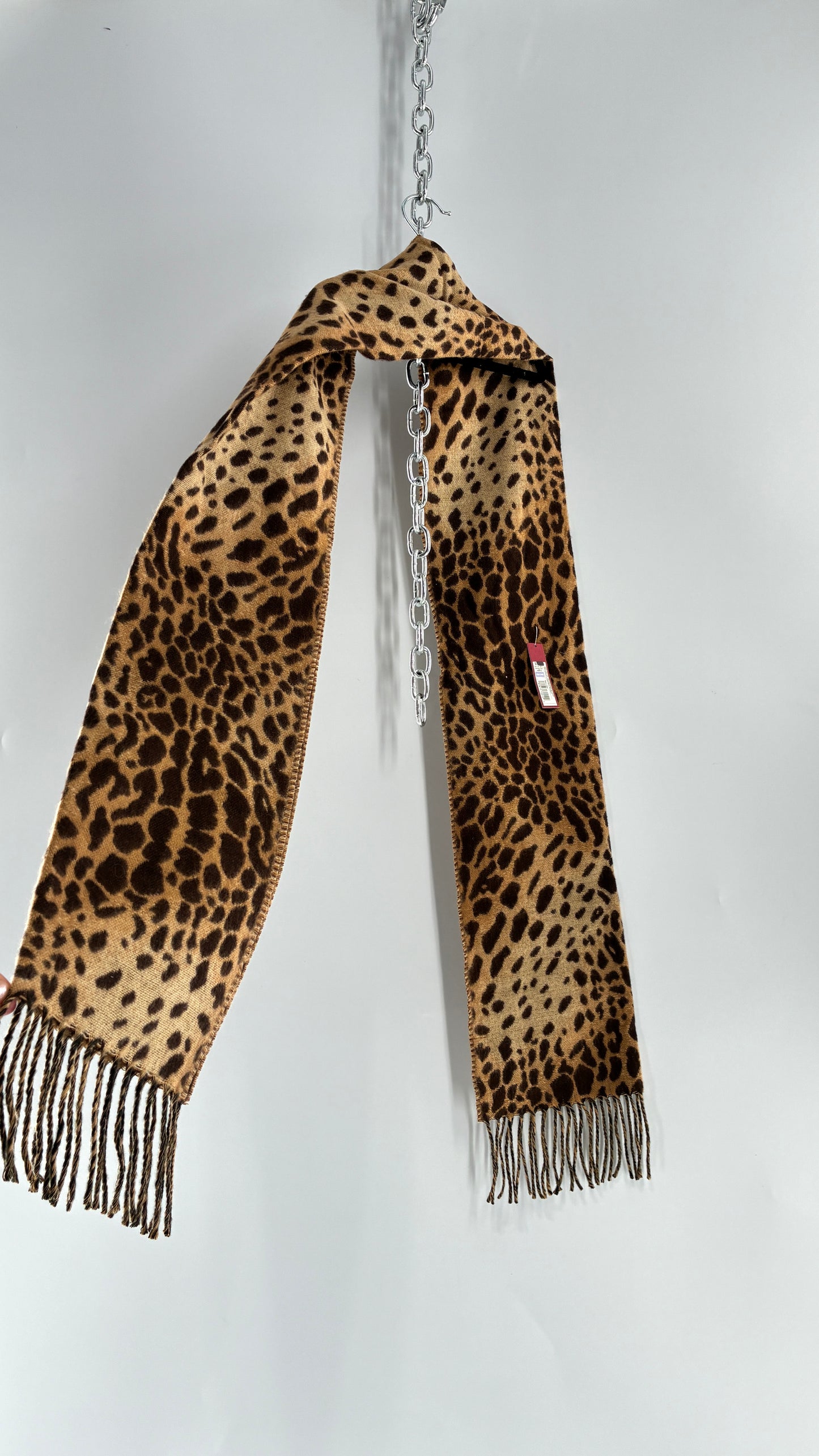 Deadstock Vintage Cheetah Printed Scarf with Fringed Ends and Tags Attached