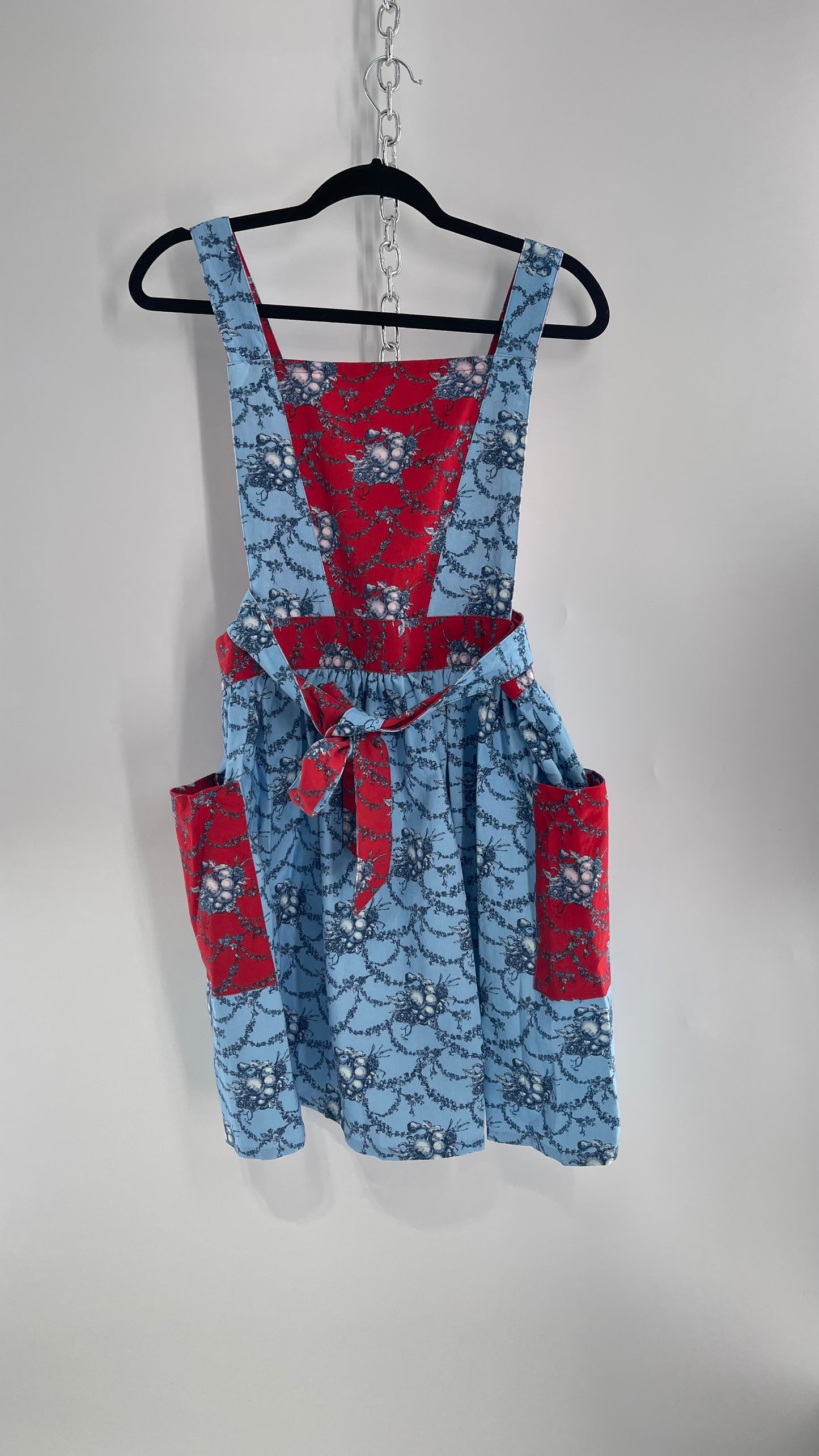 Vintage Apron Red and Baby Blue Floral/Citrus Patterned Mini Dress with Tie Around Bow (S\M)