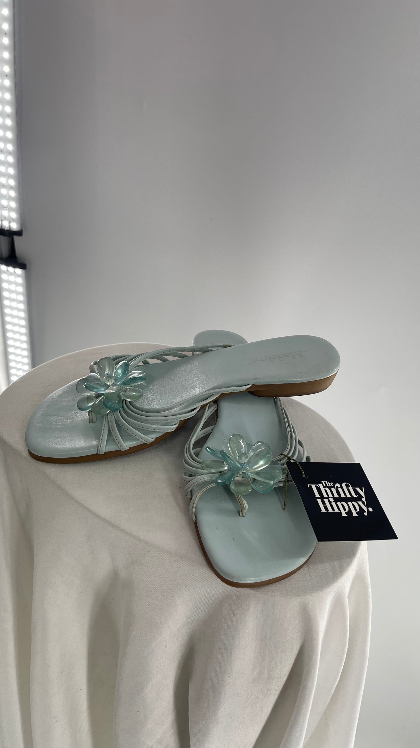 Vintage Baby Blue Slip On Sandals with Beaded Flower (8)