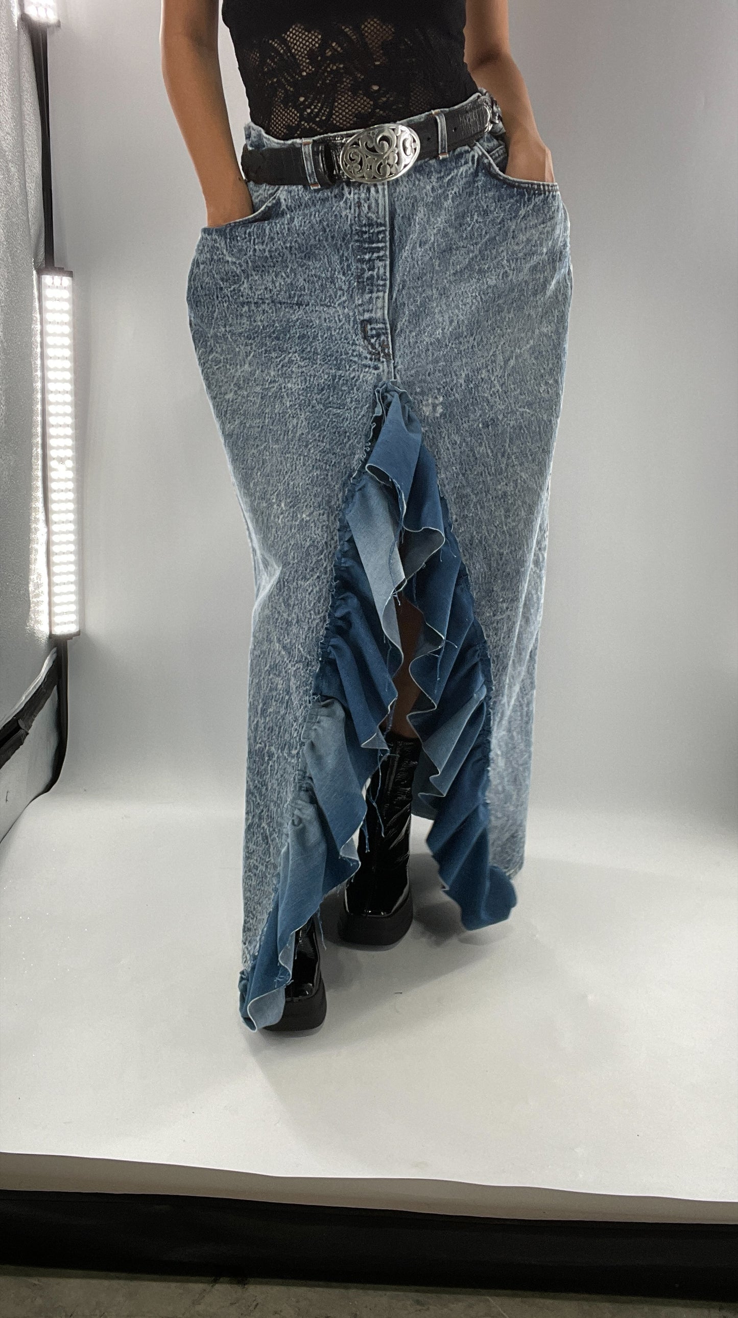 Custom Handmade Acid Wash Denim Slit Front Ruffled Skirt with Bow Bum (Large)