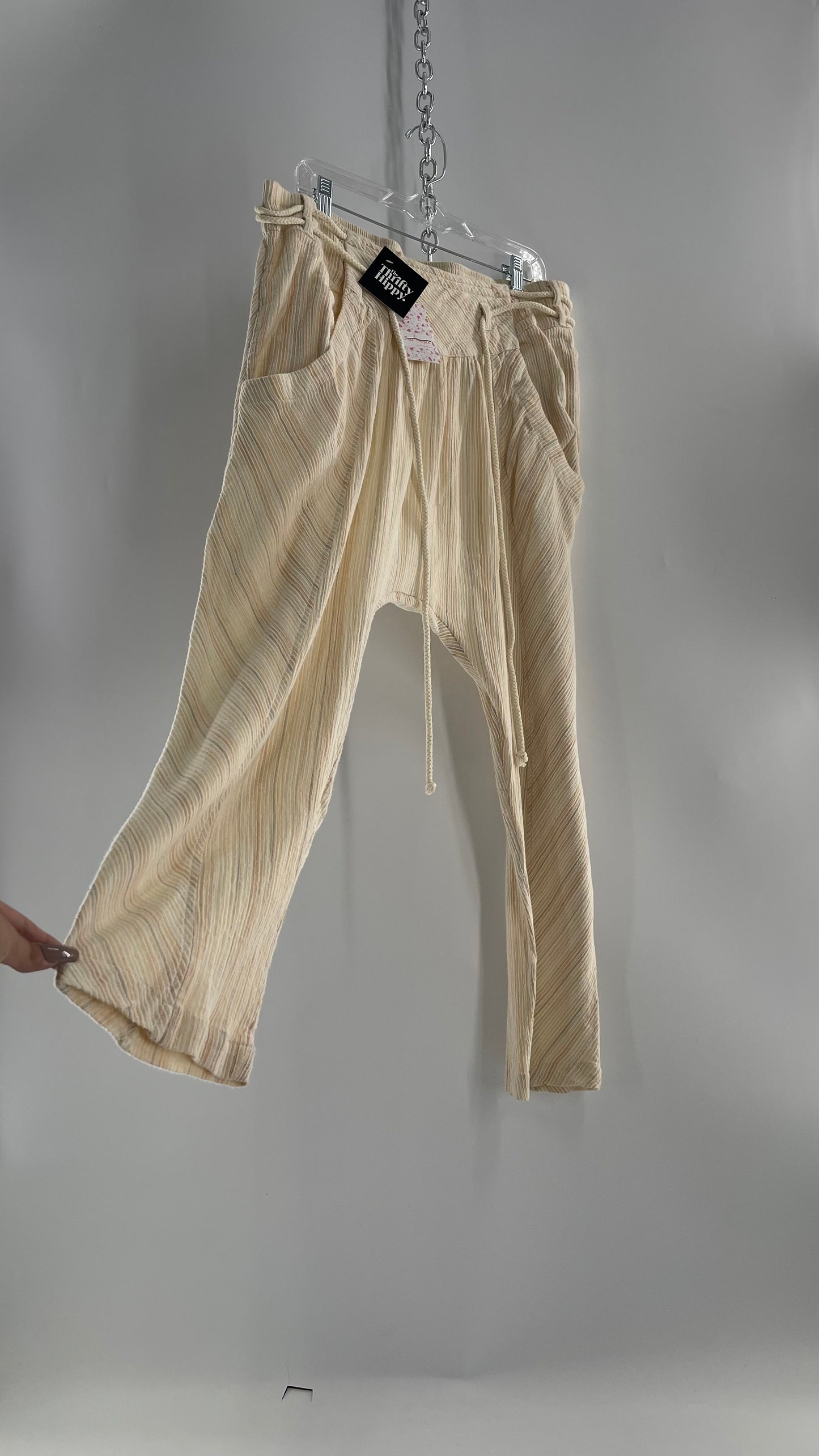 Free People Cream Striped Haram/Drop Crotch/Yoga Rope Belt Pants (XL) with Tags Attached