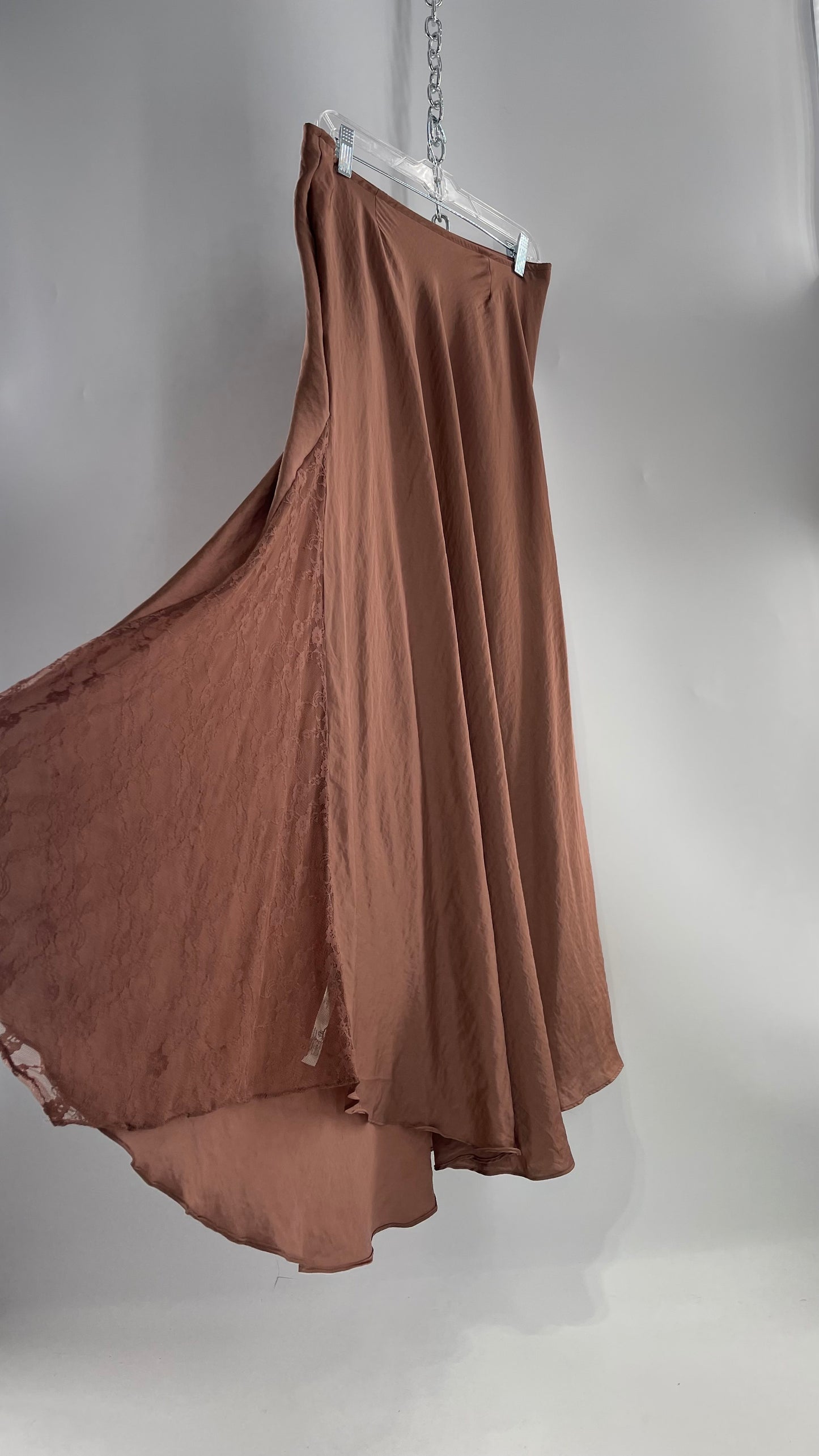 Intimately Free People Brown/Dusty Mauve Satin Maxi Skirt with Lace Paneling (Medium)