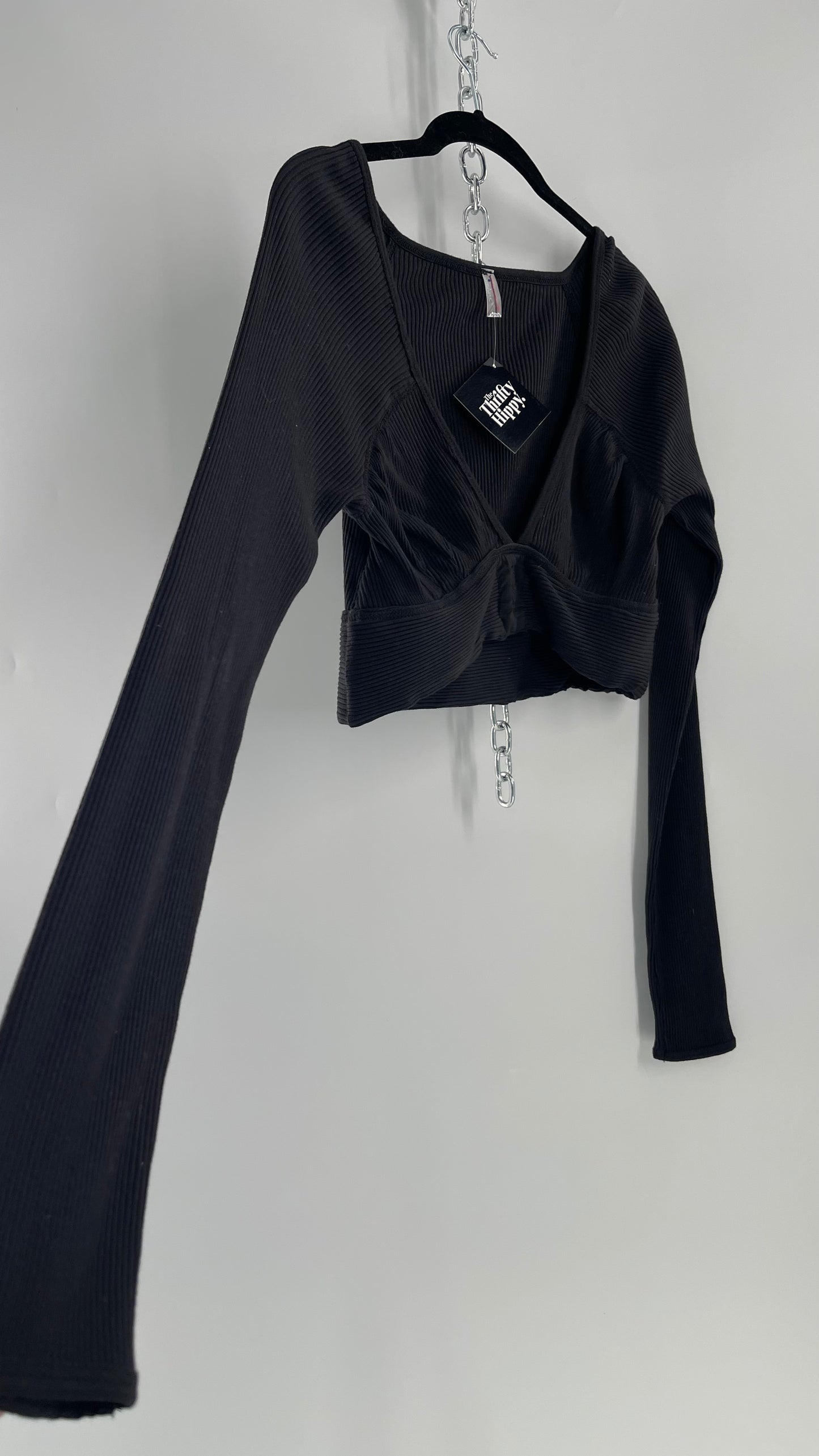 Free People Movement Black Ribbed Cropped Long Sleeve with Ruched Bust and Embroidered Symbol (Small)