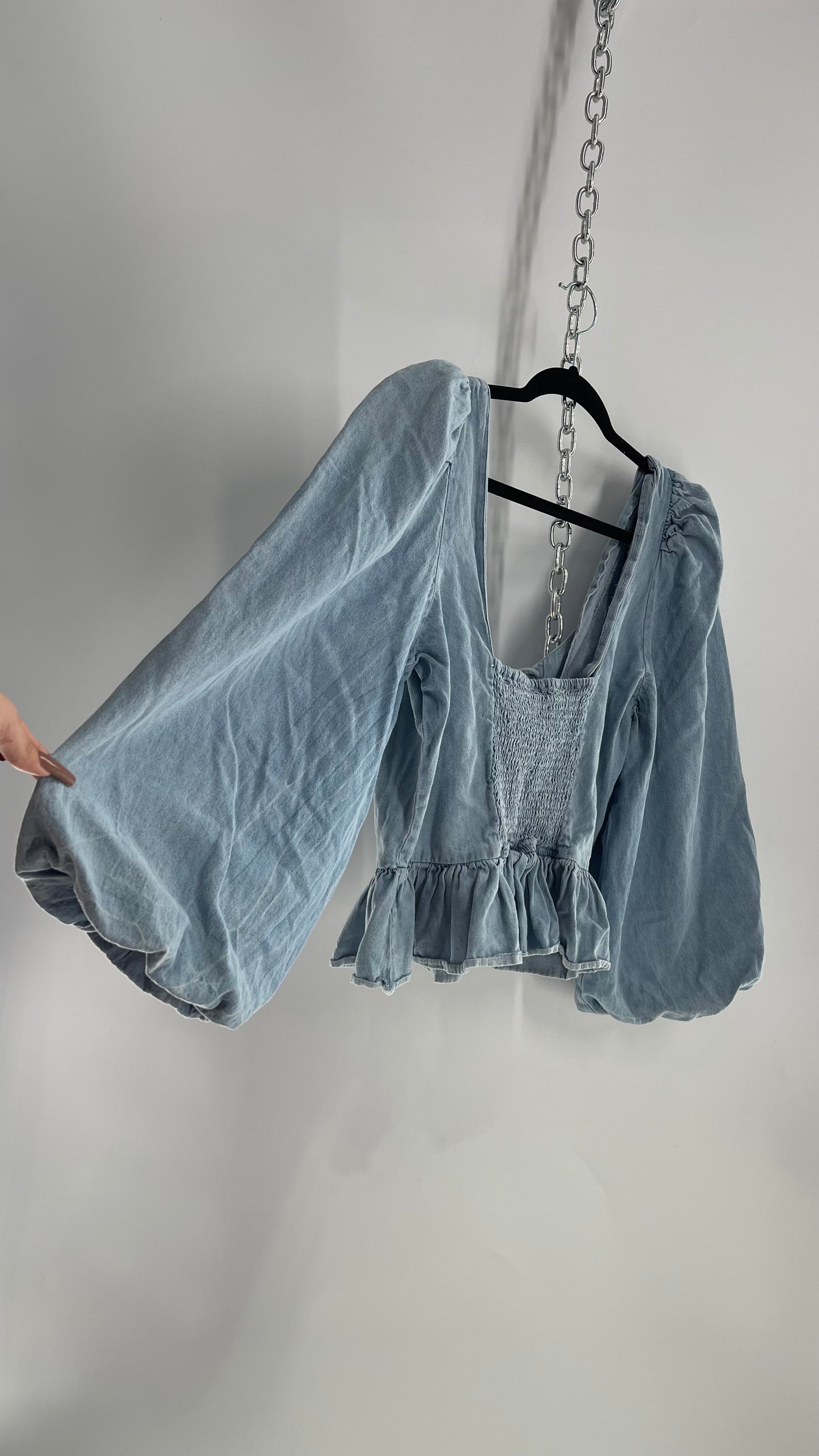 Love the Label Light Wash Denim Puff Sleeve, Ruffled Waist, Tie Bust Blouse (Large)