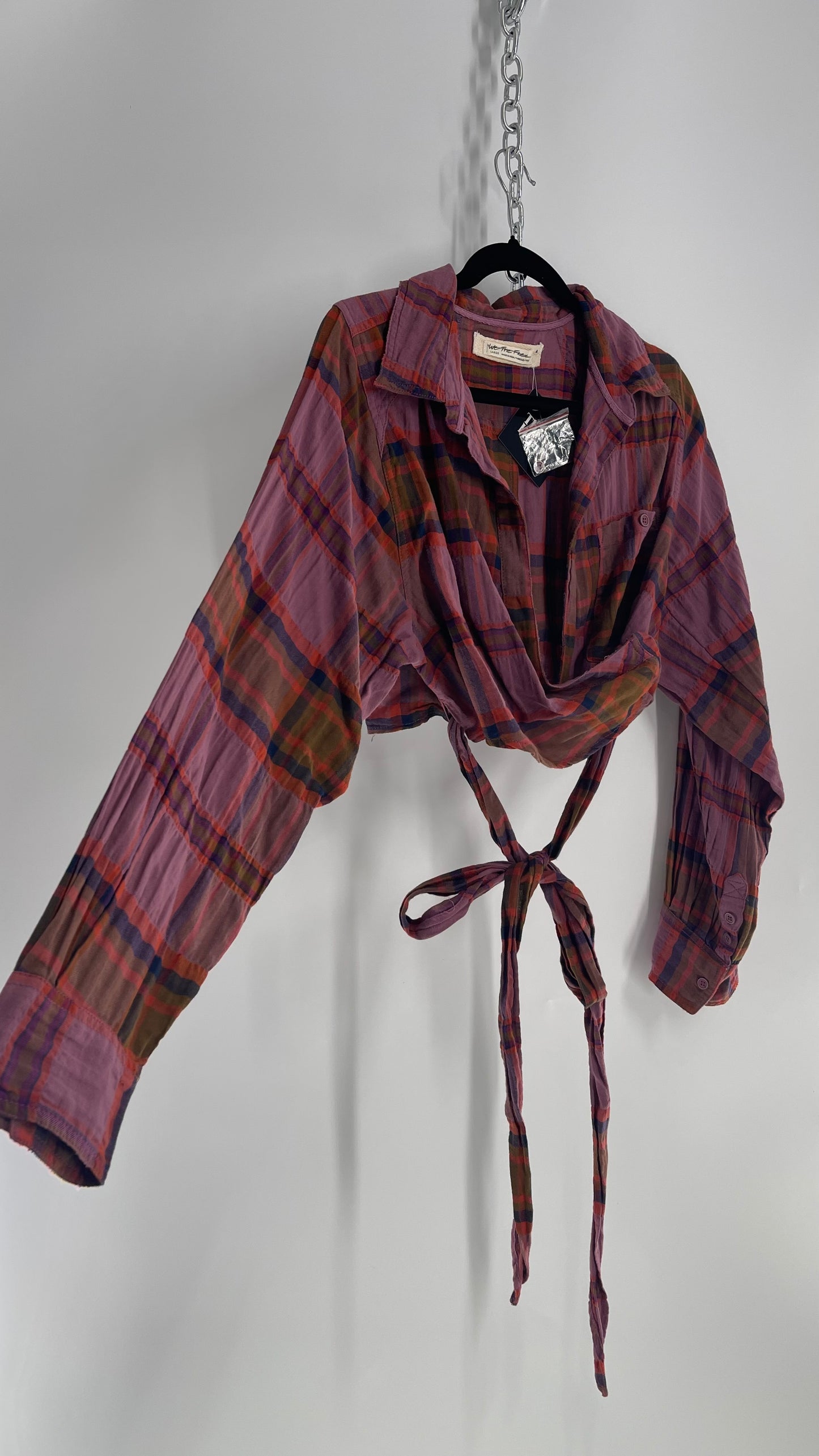 Free People Plaid Wrap Around Pocketed Blouse (Large)