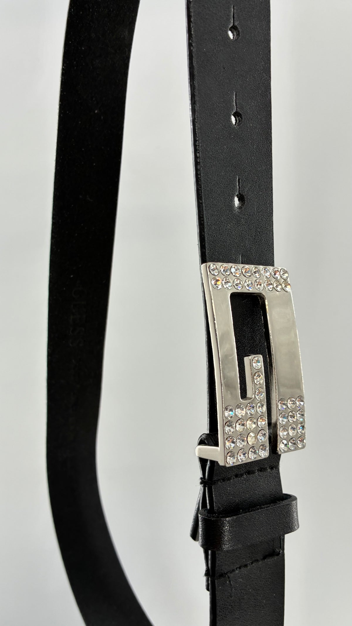 Vintage GUESS Black Leather Belt with Iconic Rhinestone Buckle (Small)
