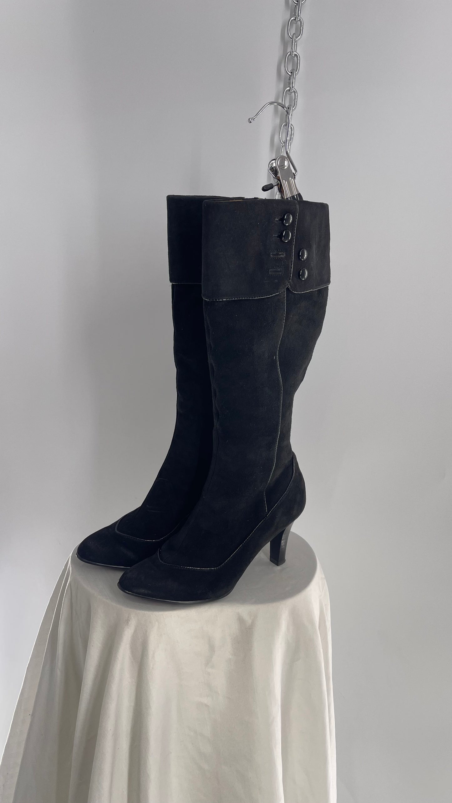 Vintage Soft Black Suede Leather Boots with Piping and Button Details (6)