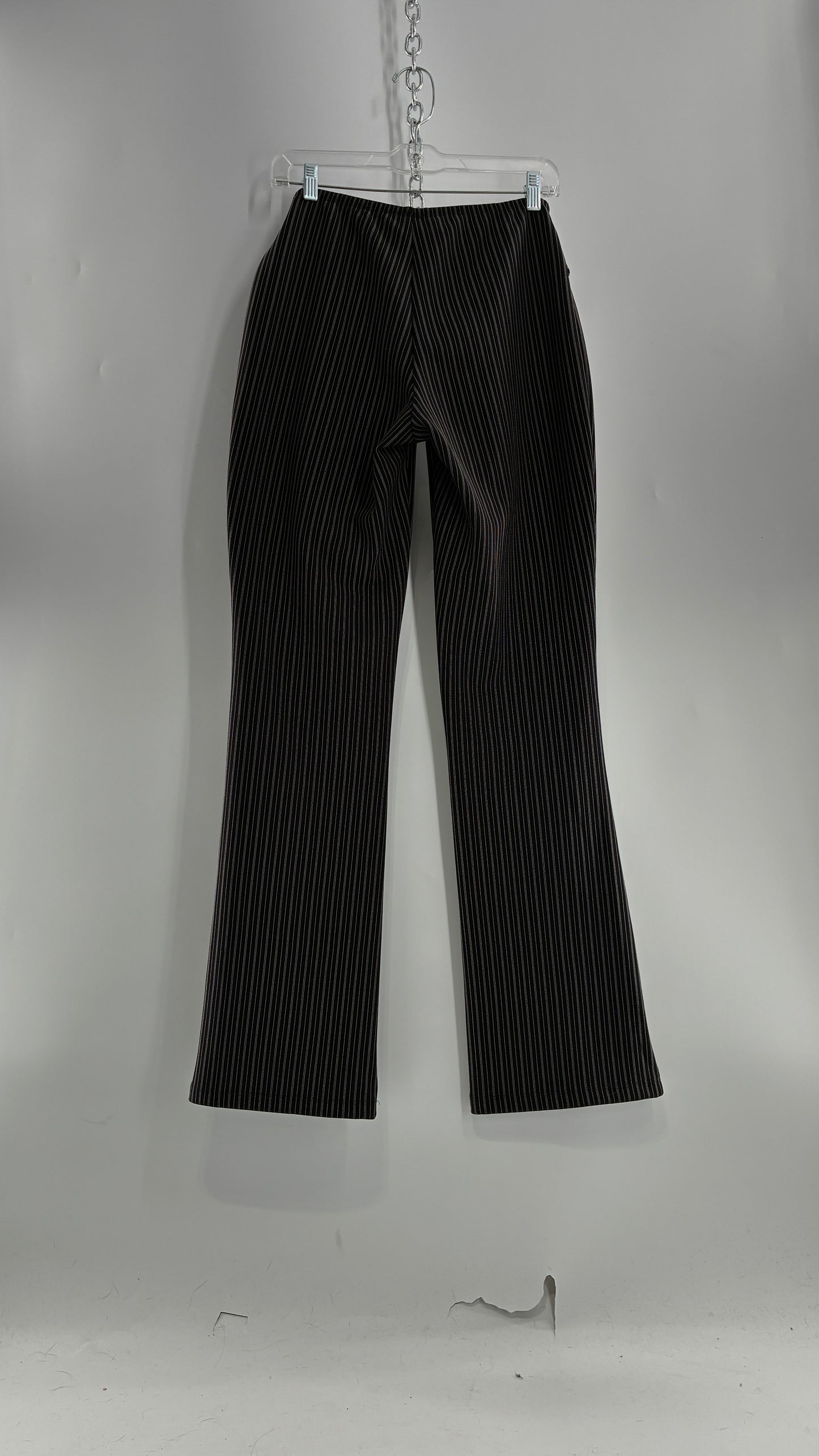 Vintage FASHION BUG Low Rise Black Striped Kick Flares with Silver Buckle Belt 1990s (6)