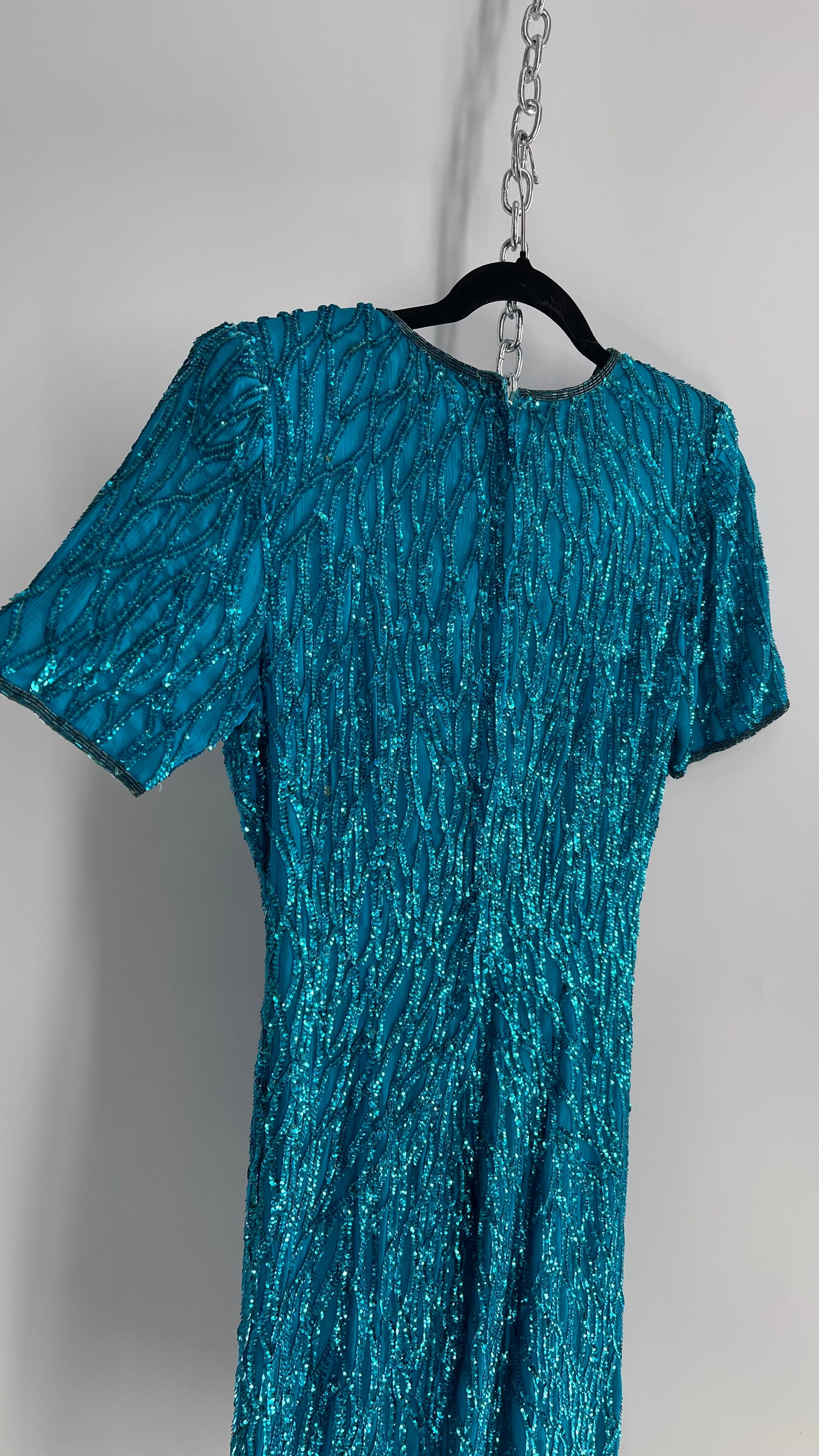 Vintage Sténay 100% Silk Bright Blue Sequin Mini Dress (4)