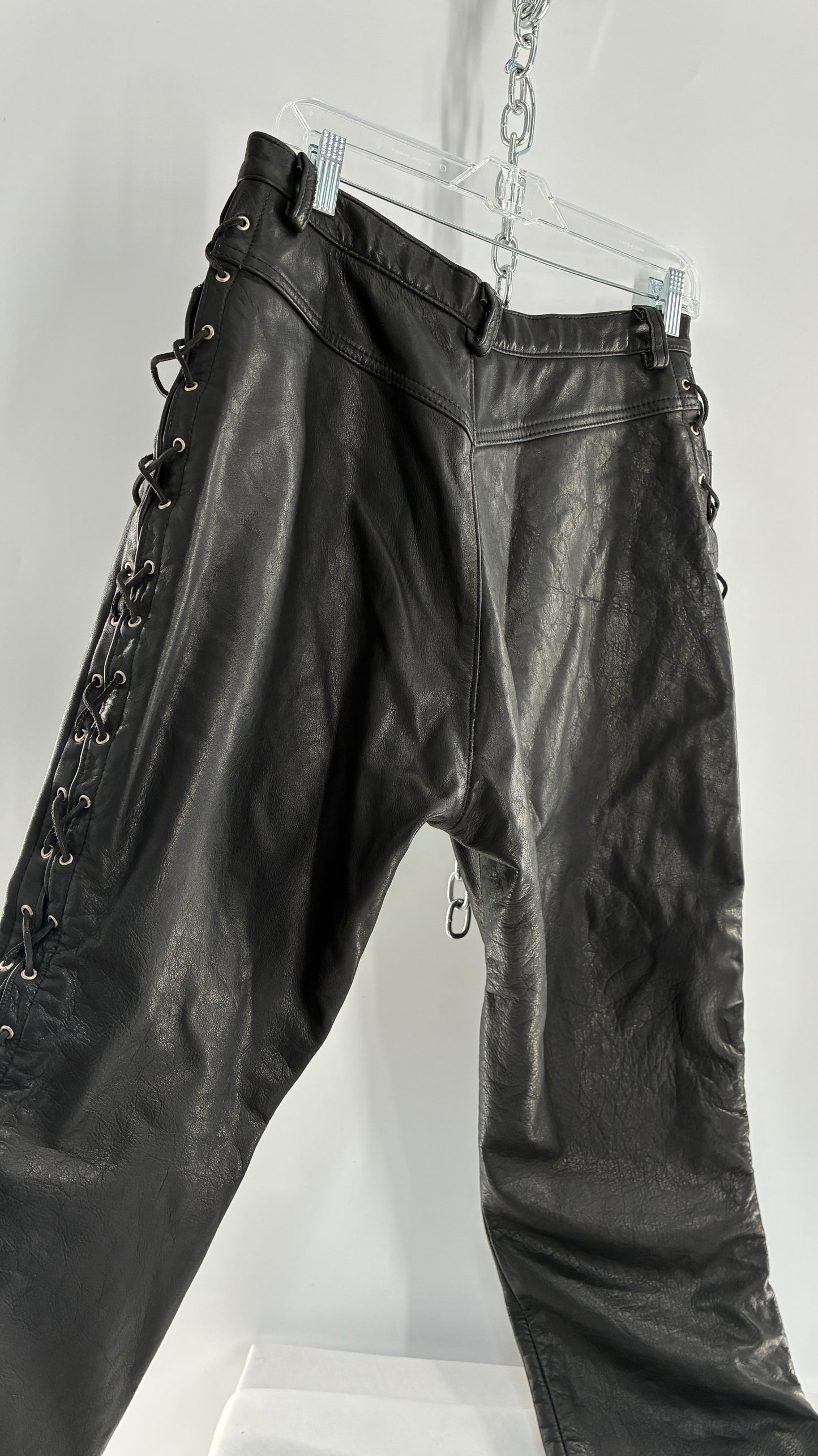 Vintage Thick Ultra Soft Black Leather Pants with Tie Up Sides (Medium)