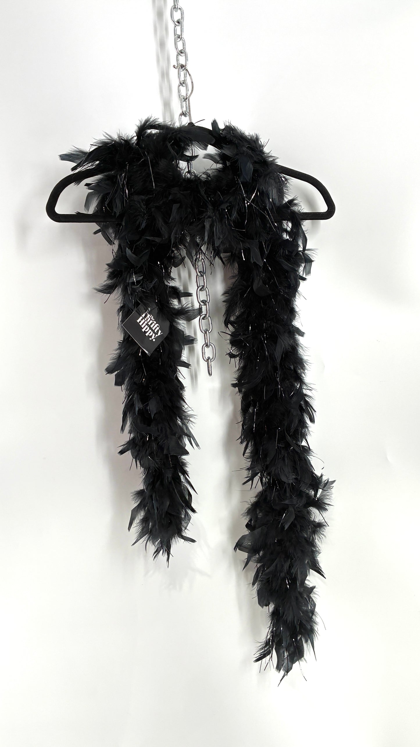 Vintage Black Ostrich Feather Scarf with Silver Tinsel