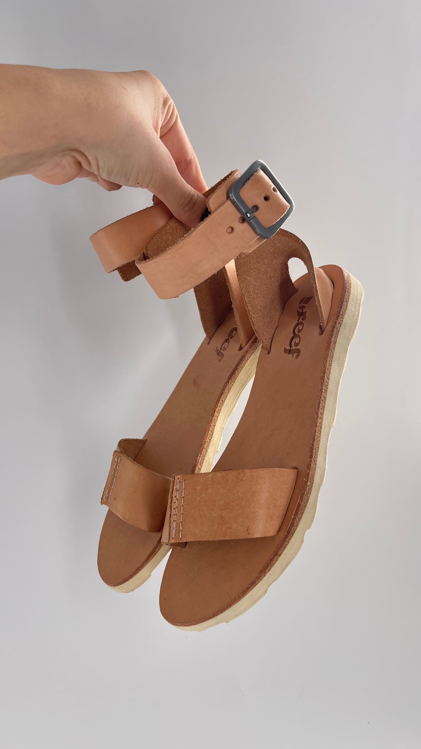 Free People Reef Light Nude / Tan Leather Sandals with Thick Ankle Strapped Buckle (6)