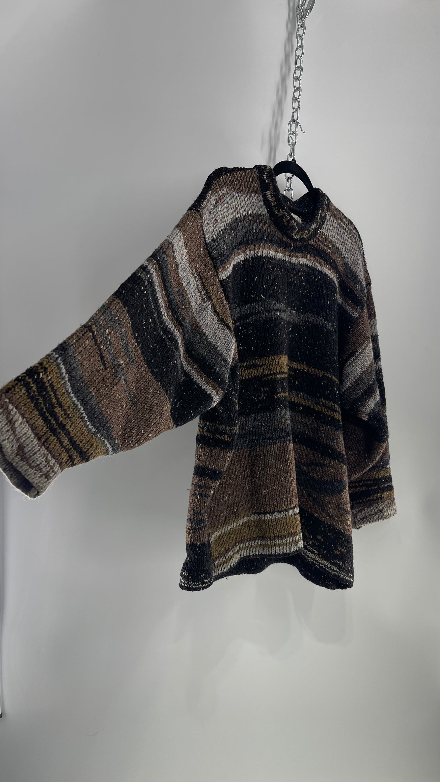 Siochain Knitted in Co Wicklow Ireland Brown Gray Black Brown Stripes Thick Sweater (Large)