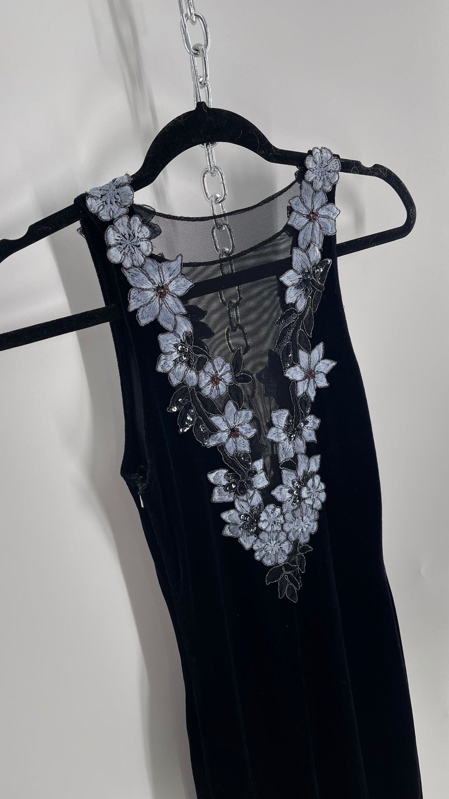 Vintage Jessica McClintock Black Velvet Fit And Flare Gown with Plunging Neckline Covered in Embroidered Beaded Pale Blue Flowers (2)