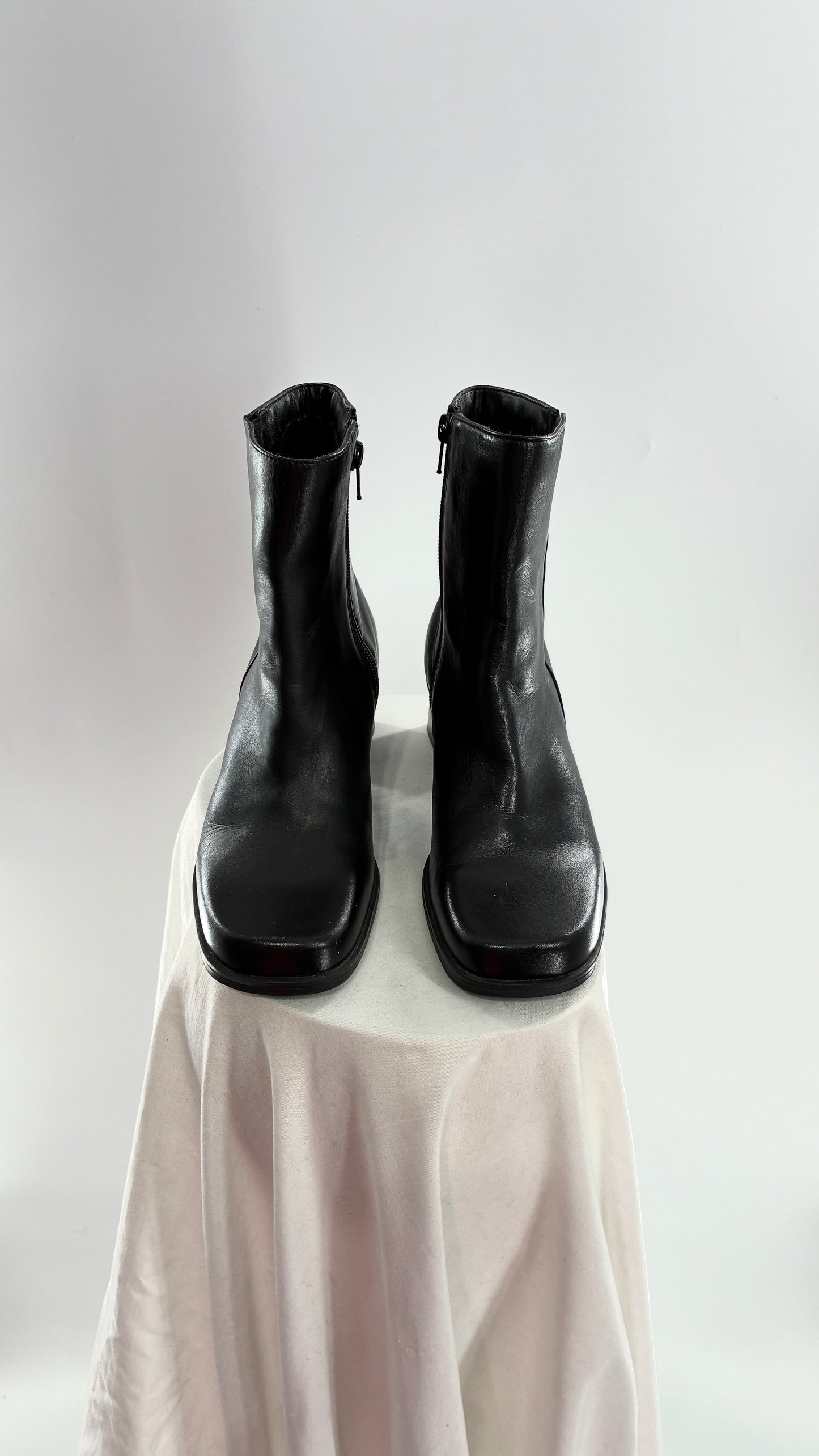 Vintage Naturalizer Black Square Toe Genuine Leather Block Heel Boots Made in Brazil (8)