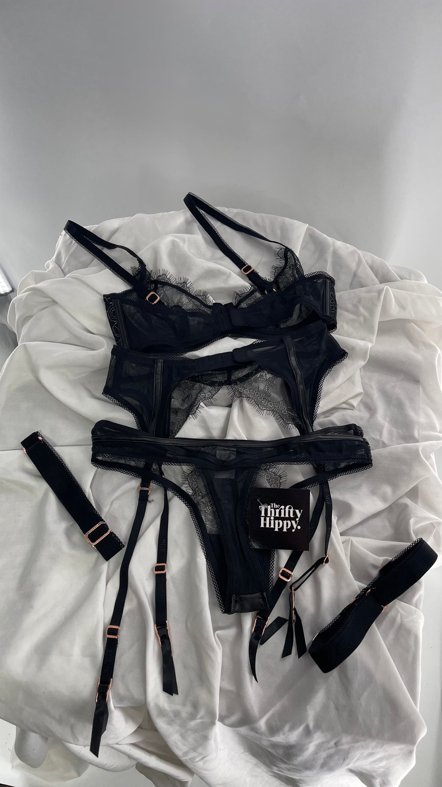 LOUNGE Black and Silver Lace Pandora Bra, Garter, and Panty Set NWOT (32C,XS)