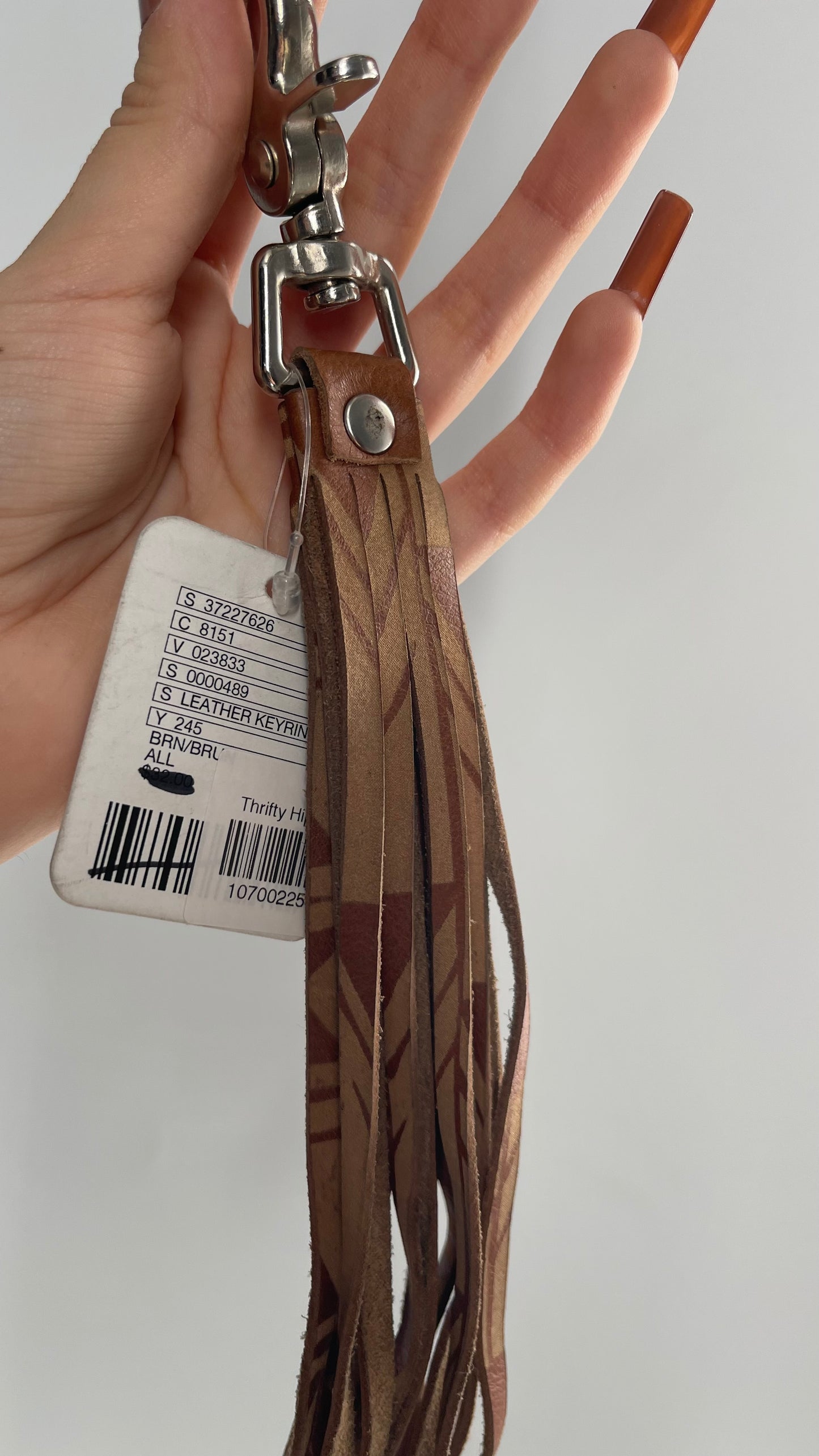 Free People Patterned Leather Tassel Keychain Ring with Tags Attached
