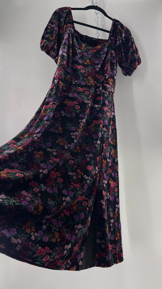 LOFT Velvet Dark Floral Full Length Dress with Puff Sleeves and Smocked Back with Tags Attached  (8)