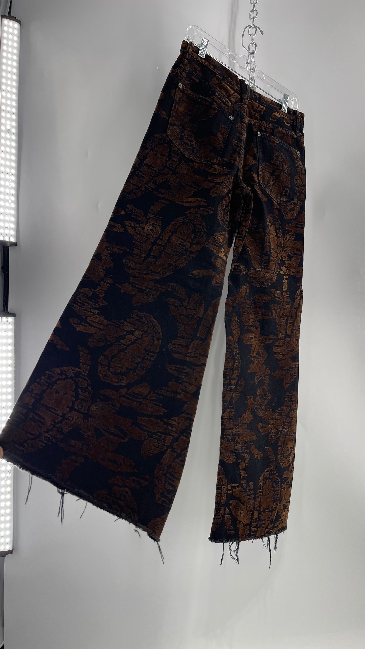 Free People Black/Brown Velvet Texture Graphic Straight Legs with Raw Edge Hem and Tags Attached (28)