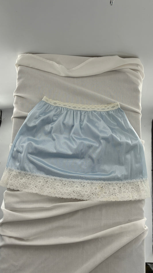 Vintage VELROSE Baby Blue Mini Skirt with Thick White Lace (Large)