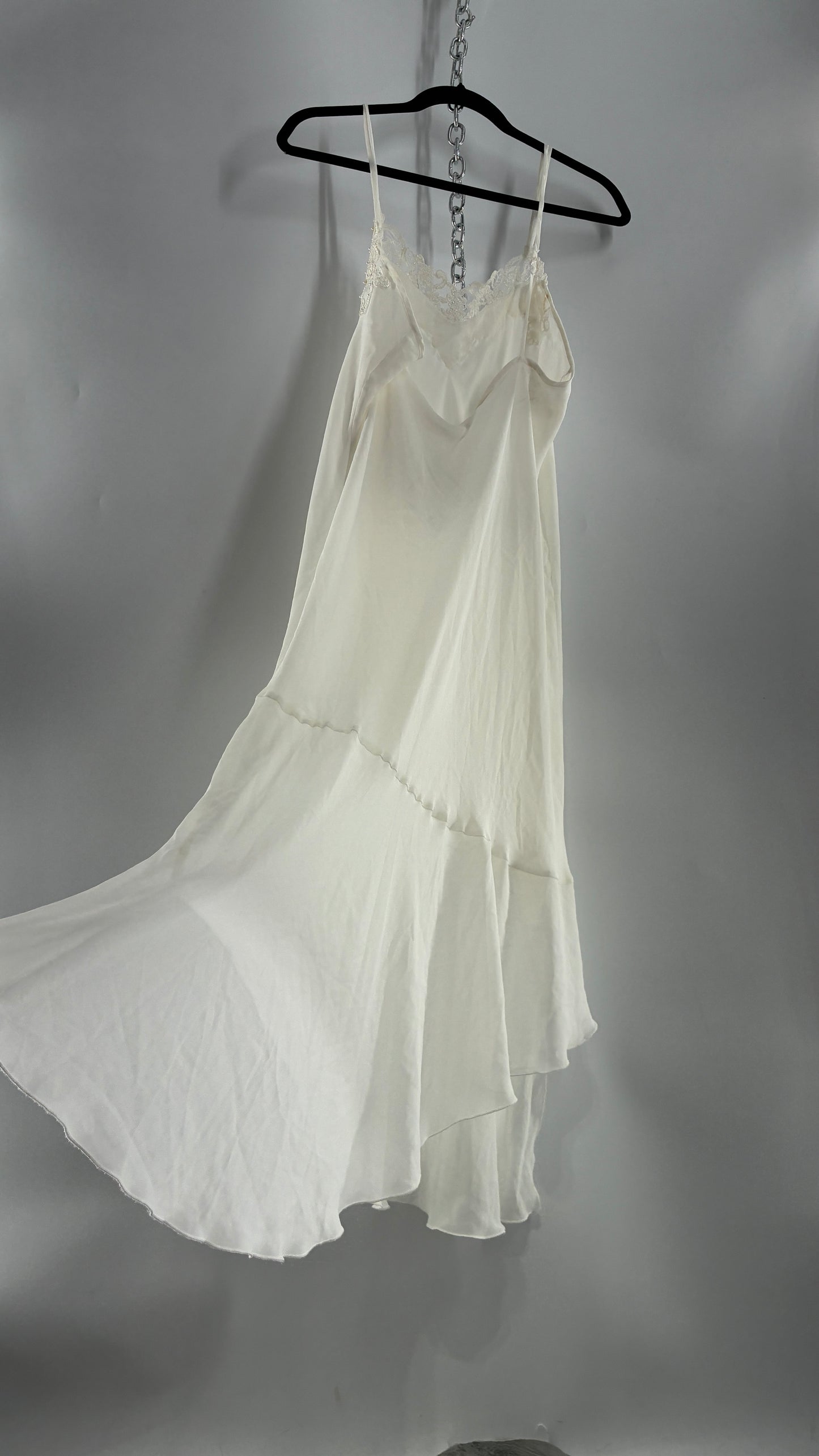 Vintage CALIFORNIA DYNASTY Ivory Maxi Slip Nightgown Dress with Sequin Neckline and Handkerchief Hem (Large)