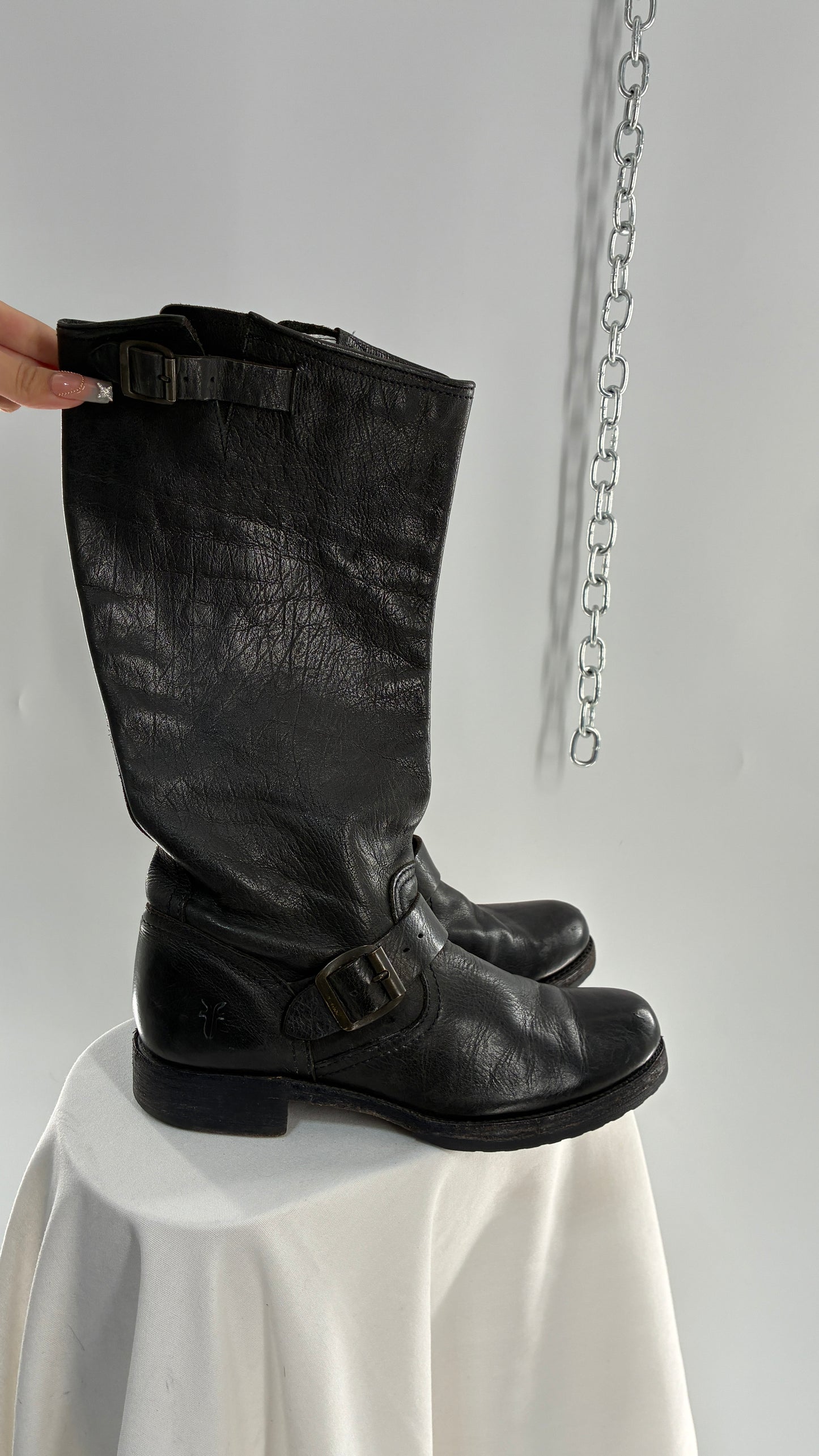 Vintage FRYE Veronica Tumble Shiny Black Leather Slouch Boot (8)