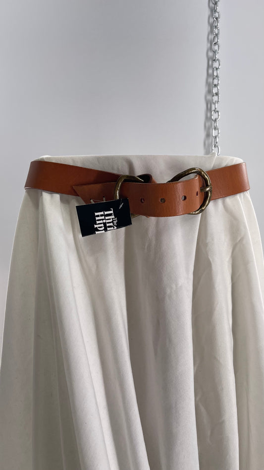 Anthropologie Cognac Leather Belt with Infinity Style Bronze Buckle (M/L)