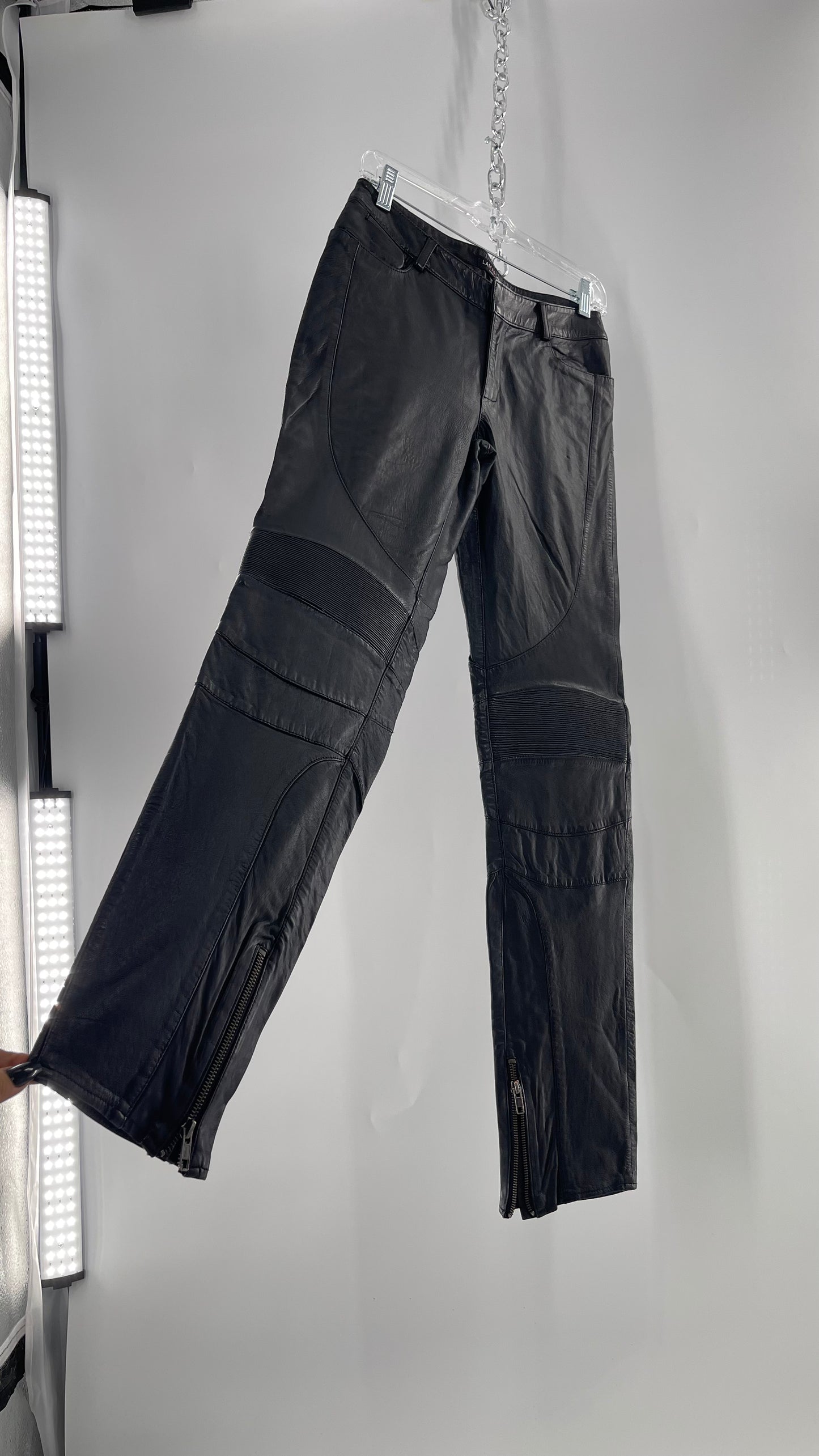 LAMARQUE 1990s Collection Vintage Black Leather Moto Style Pant with Panels, Ribbing and Zipper Details (6)