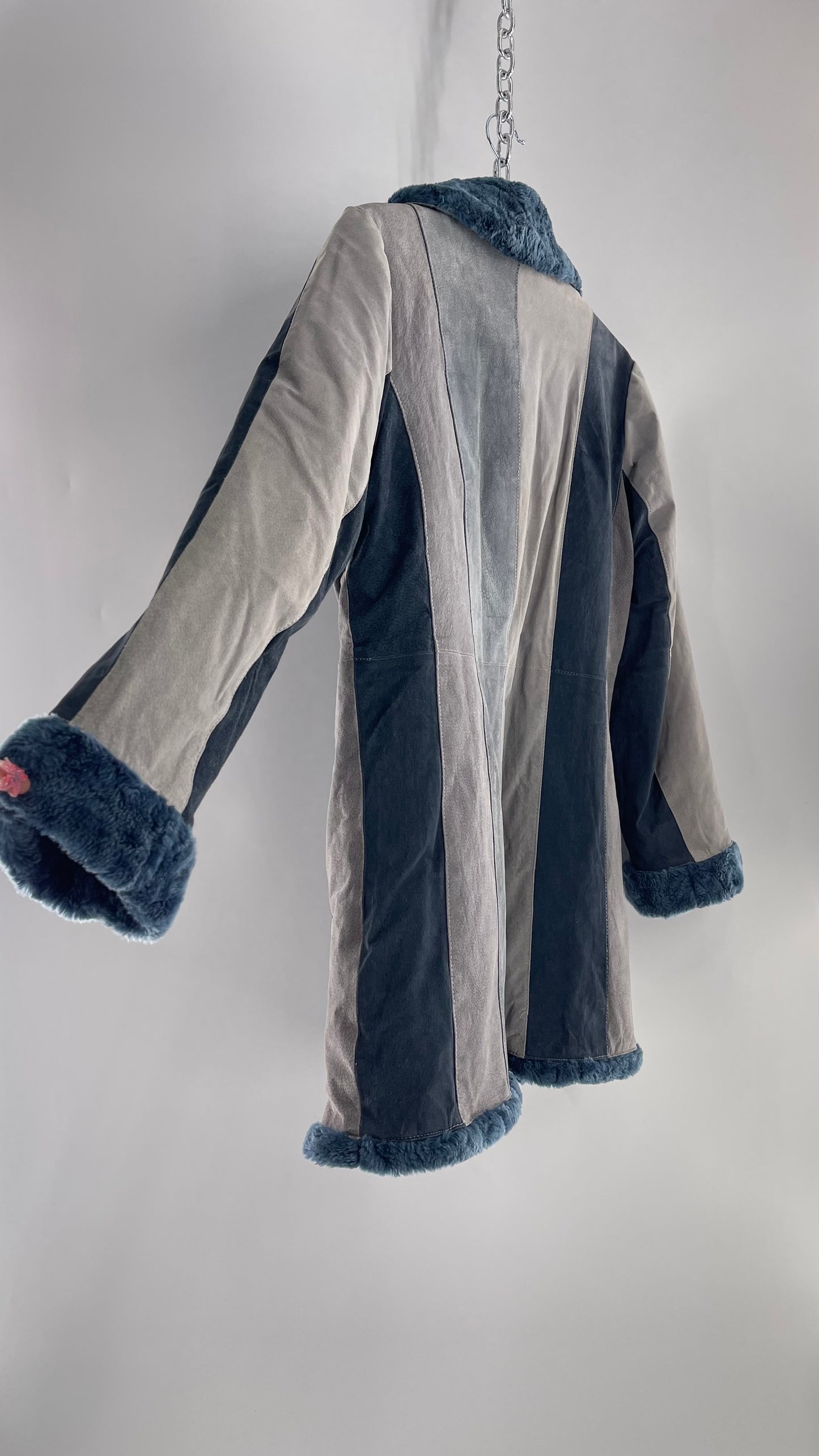 VINTAGE Colbrook Blue Denim Suede Leather Patchwork Coat with Fur Cuffs and Collar (Medium)