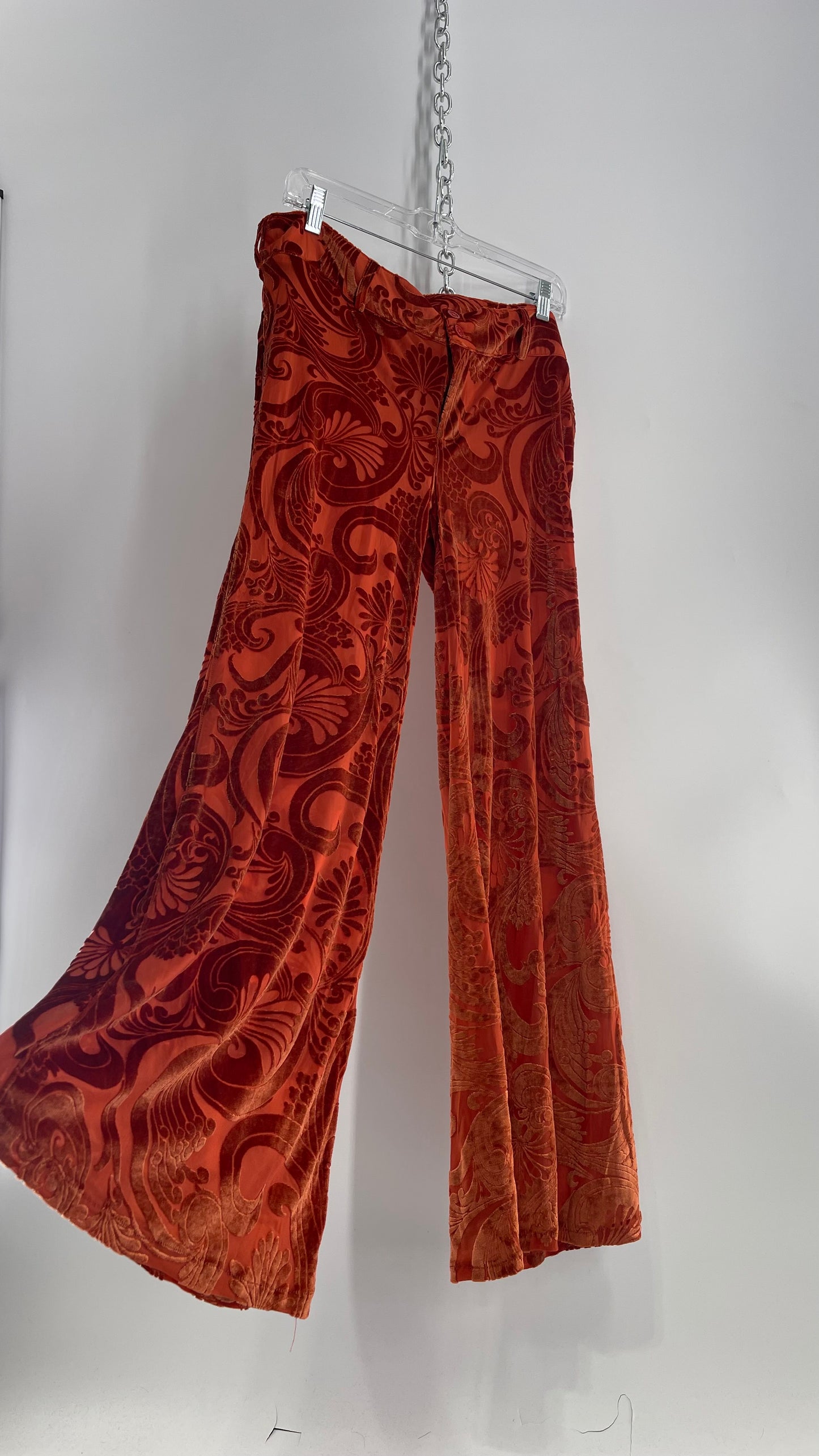 Urban Outfitters Burnt Orange Flares with Velvet Paisley Pattern (12)