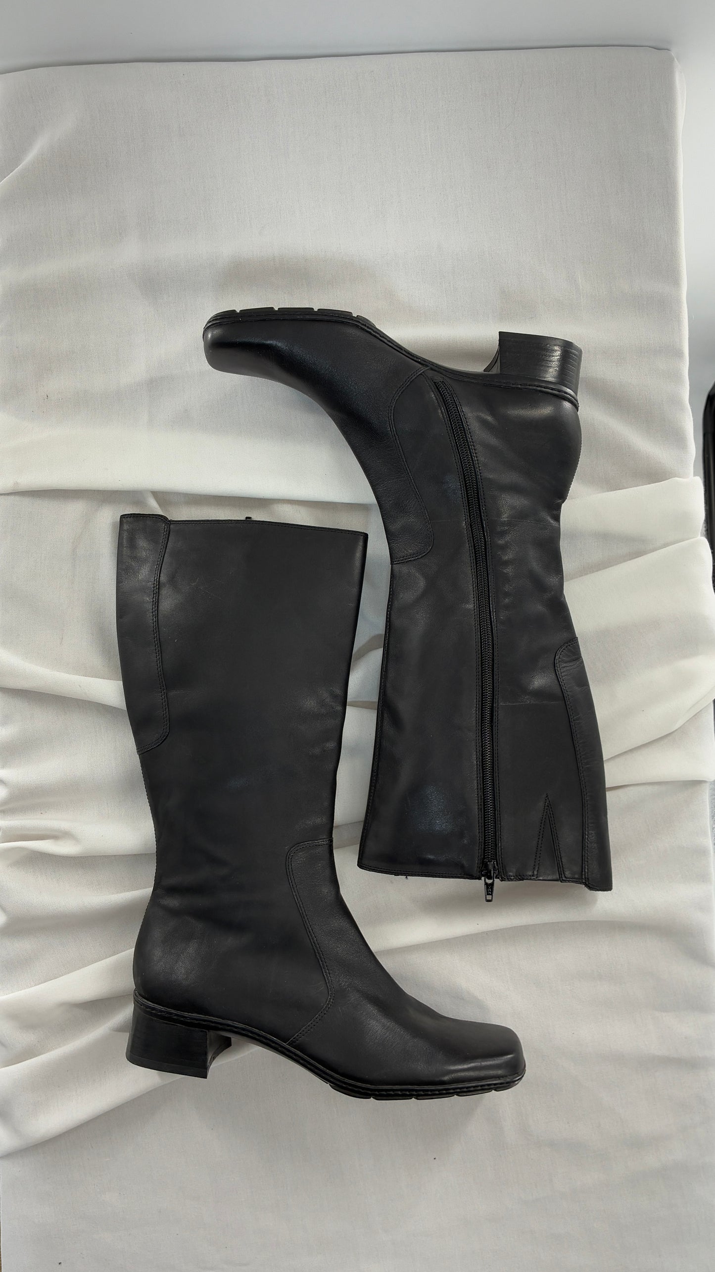 Vintage Bandolino Genuine Leather Black Square Toe Knee High Boots (9.5)