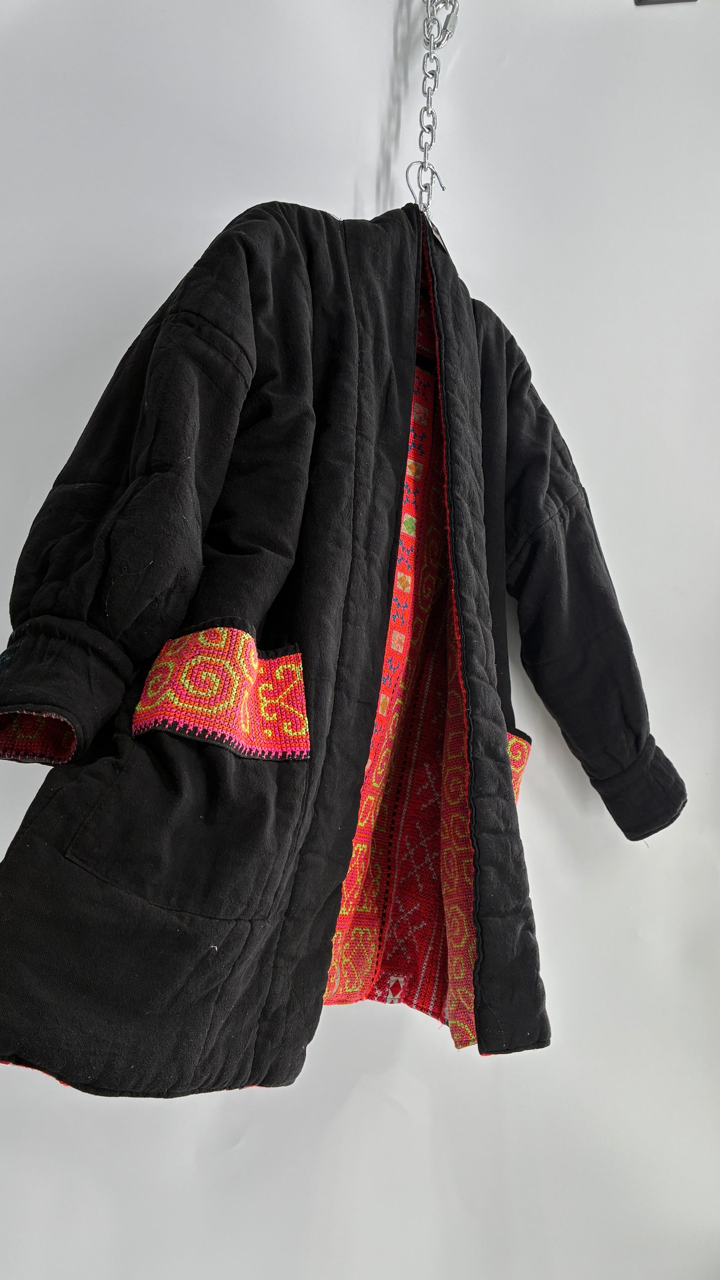 One Size Neon Pink Fully Embroidered and Quilted Reversible Puff Sleeve Coat (Large)