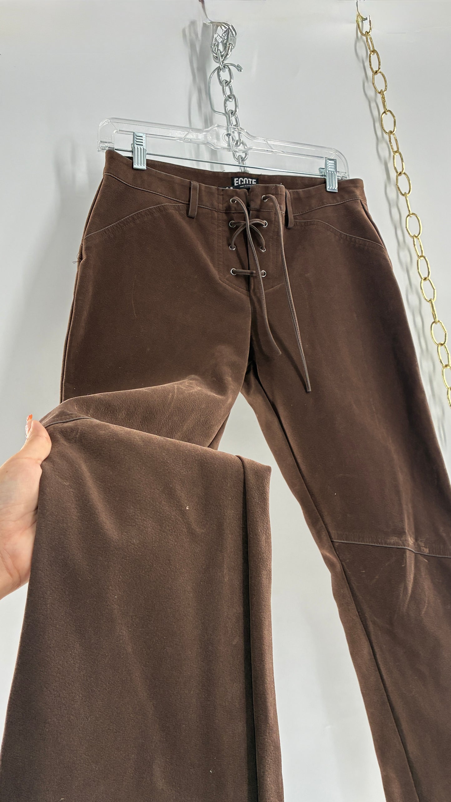 Vintage ECOTE Vegan Leather Velour Brown Lace Up Closure, Low Rise, Boot Leg Pants (Small)