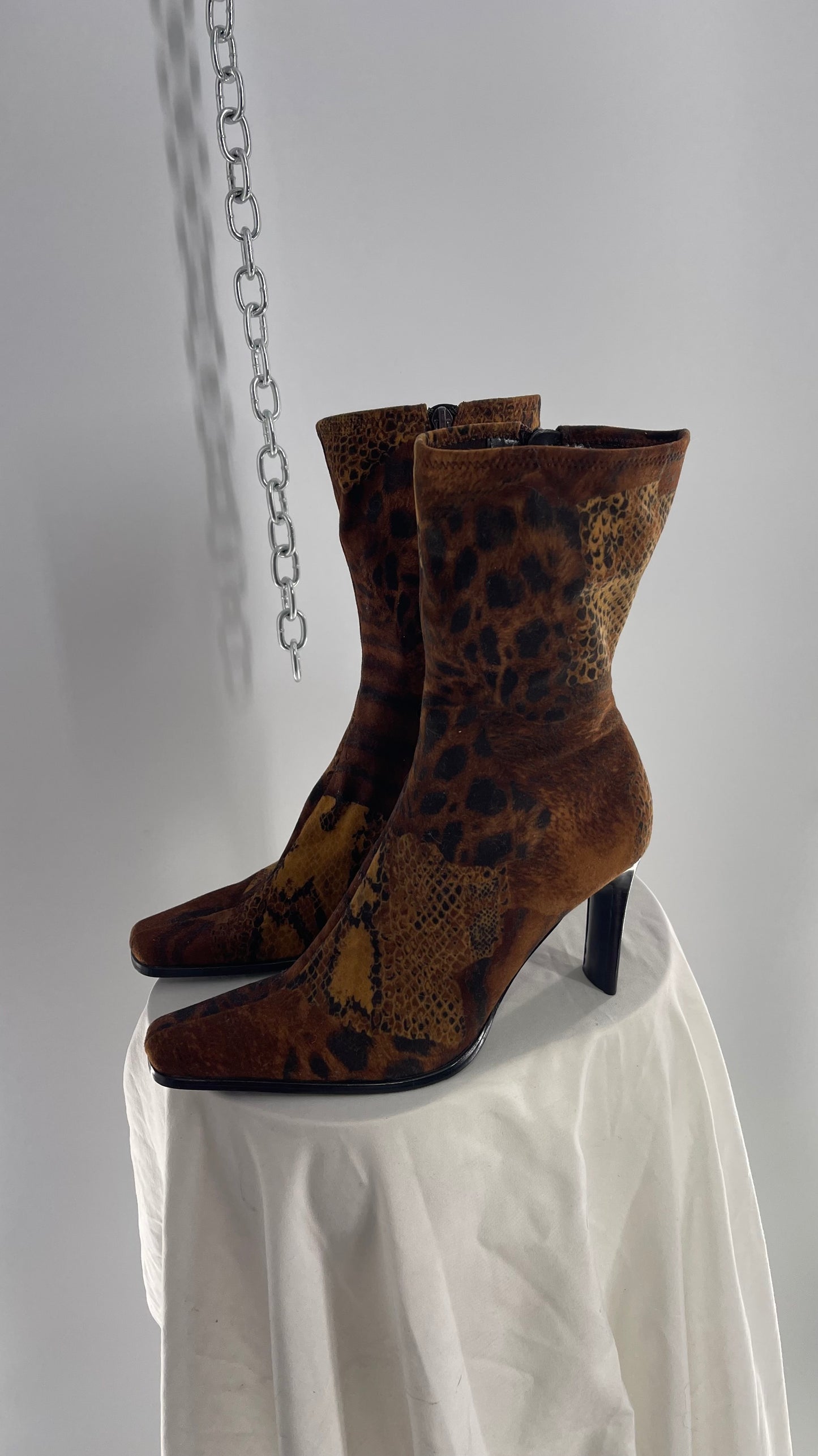 Vintage MOULIN Square Toe Mixed Animal Print Patchwork Booties (8.5)