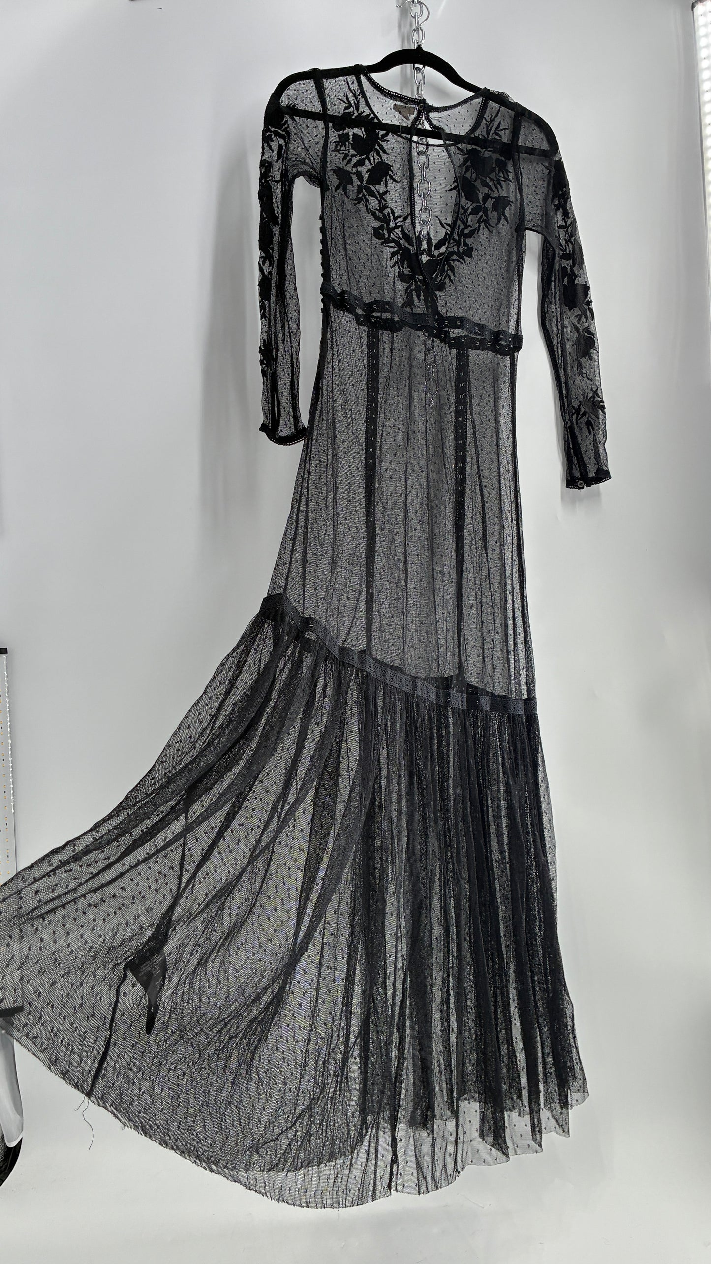 ECOTE Sheer Mesh Full Length Dress with Lace Appliqué Sleeves and Bust (Medium)