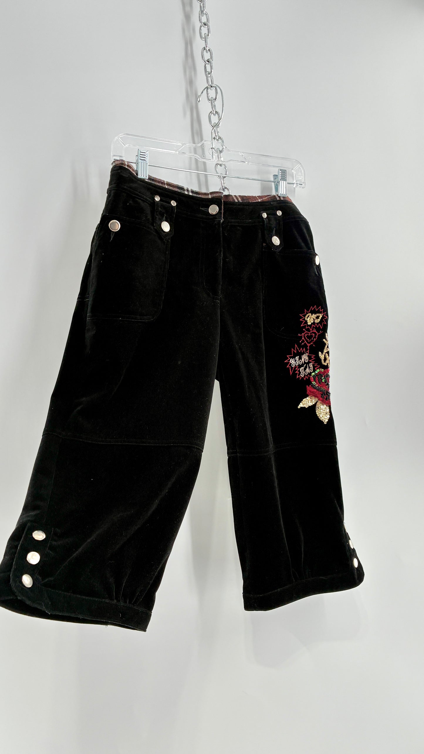 Vintage Black Corduroy Capris with Full Thigh Embroidery, Silver Buttons, and Woven Plaid Waistline (30)
